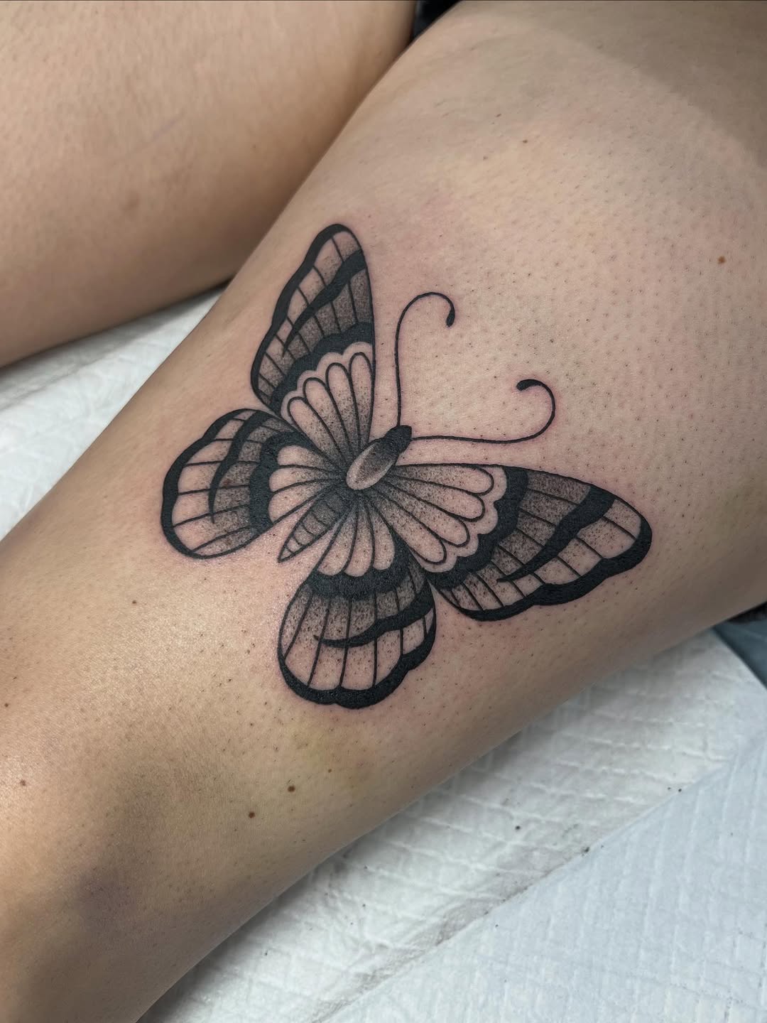 Butterfly fine line tattoo on the forearm by 𝖆𝖑𝖞𝖘𝖘𝖆 ☽