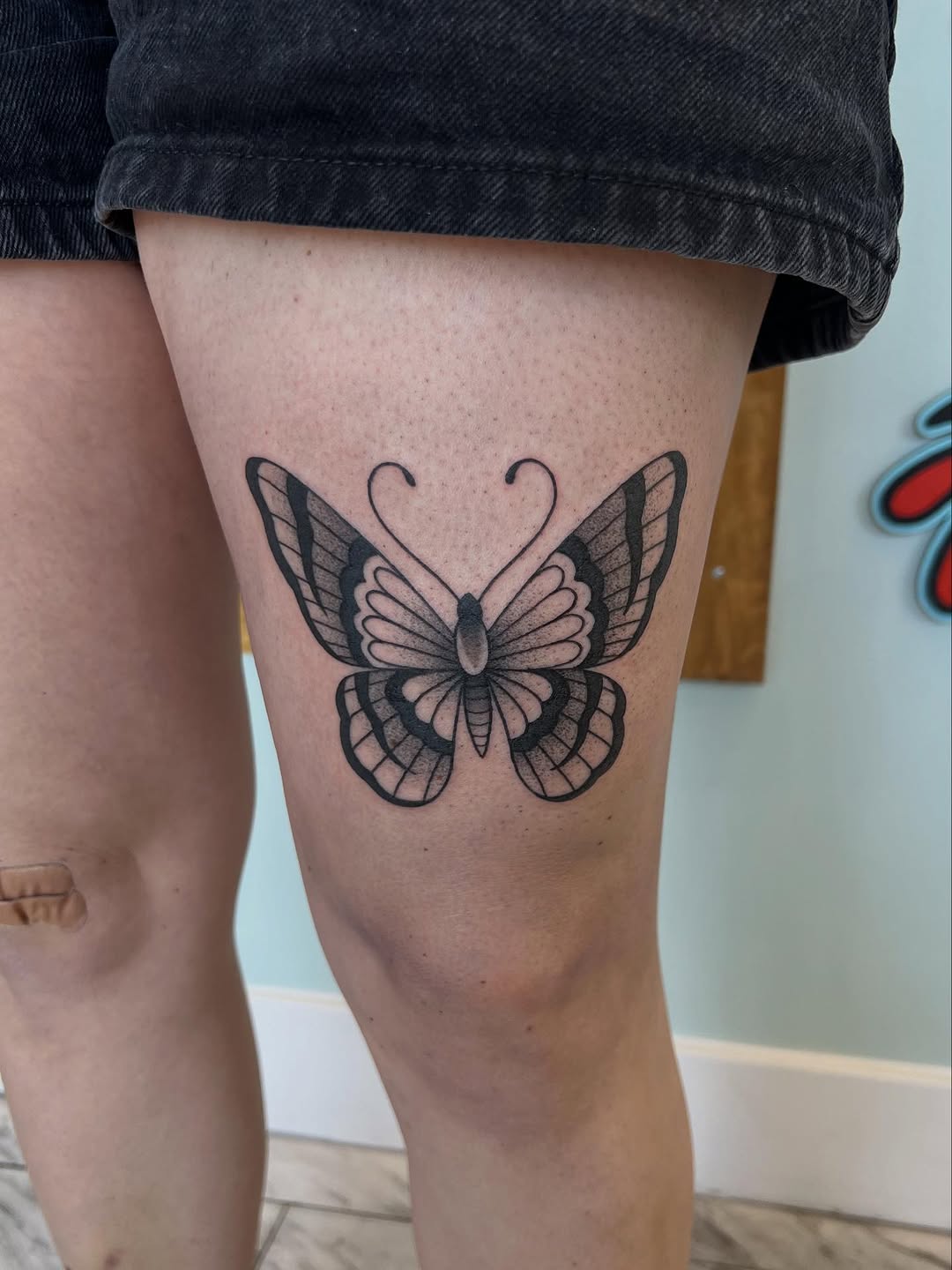 Butterfly fine line tattoo on the thigh by 𝖆𝖑𝖞𝖘𝖘𝖆 ☽
