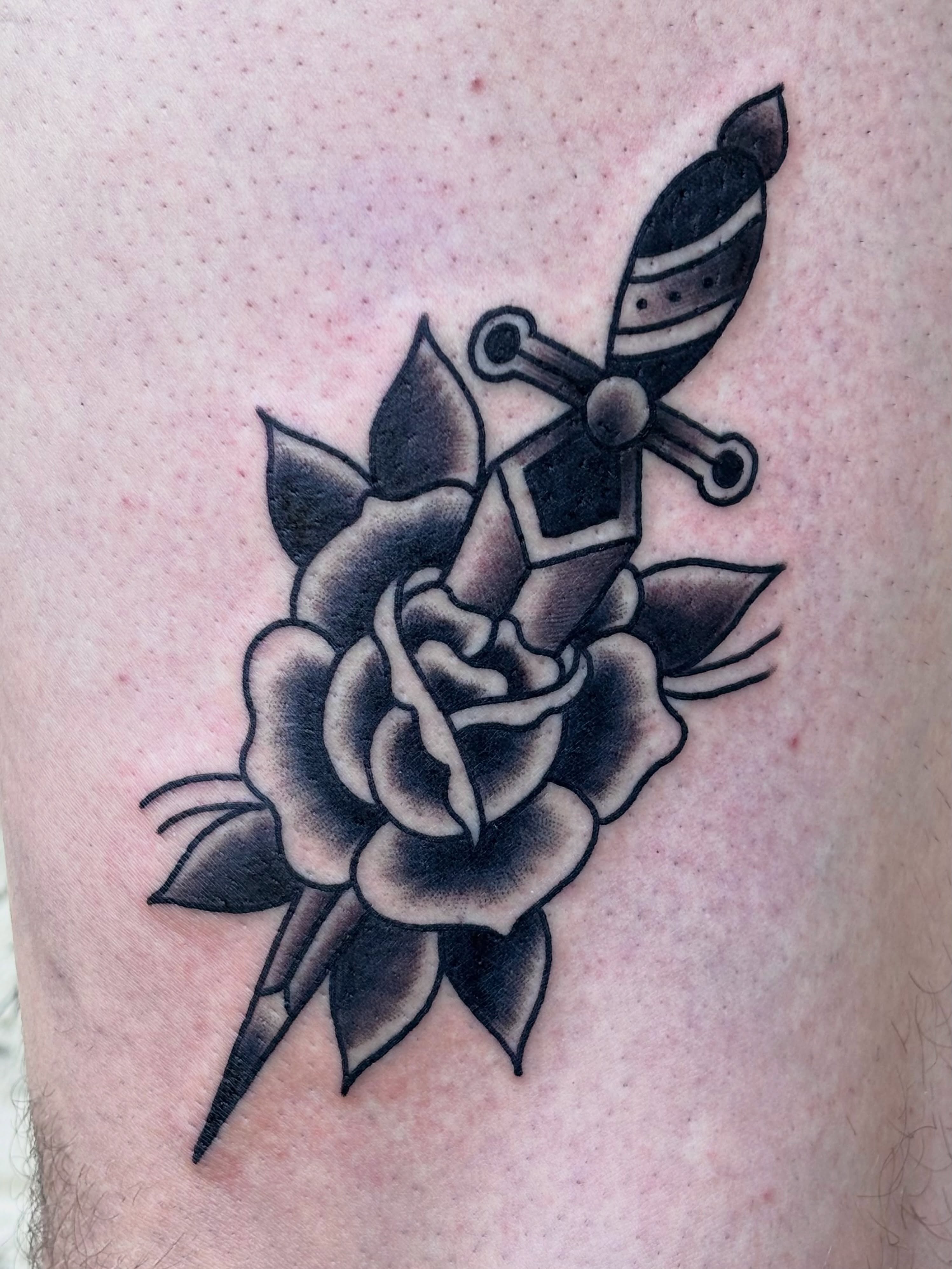 Rose and dagger American traditional tattoo on the thigh by ★ ★ ★ Matt Reinstone ★ ★ ★