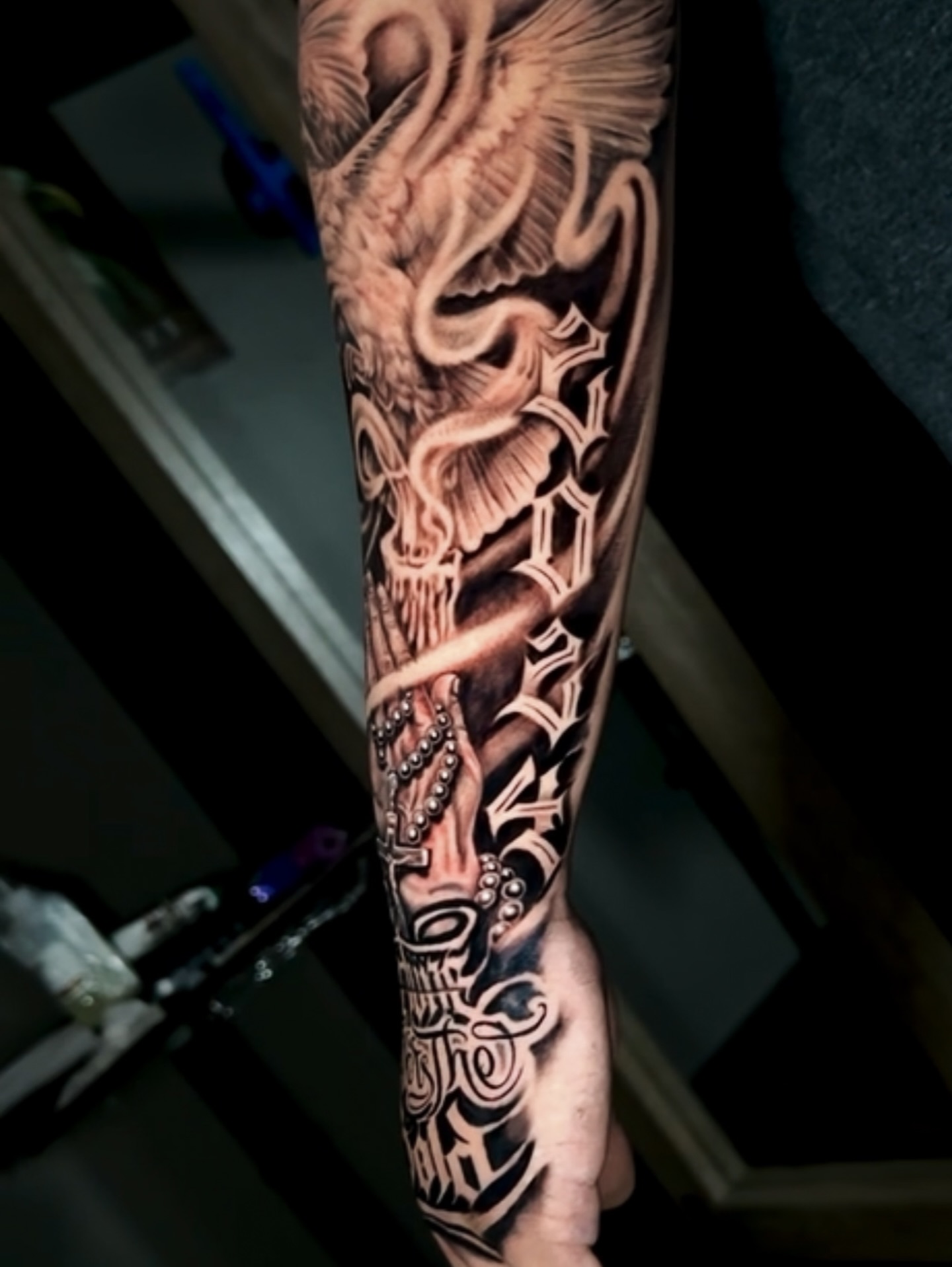 Biomechanical skull realism tattoo on the forearm by Omar Sheriff Herrera