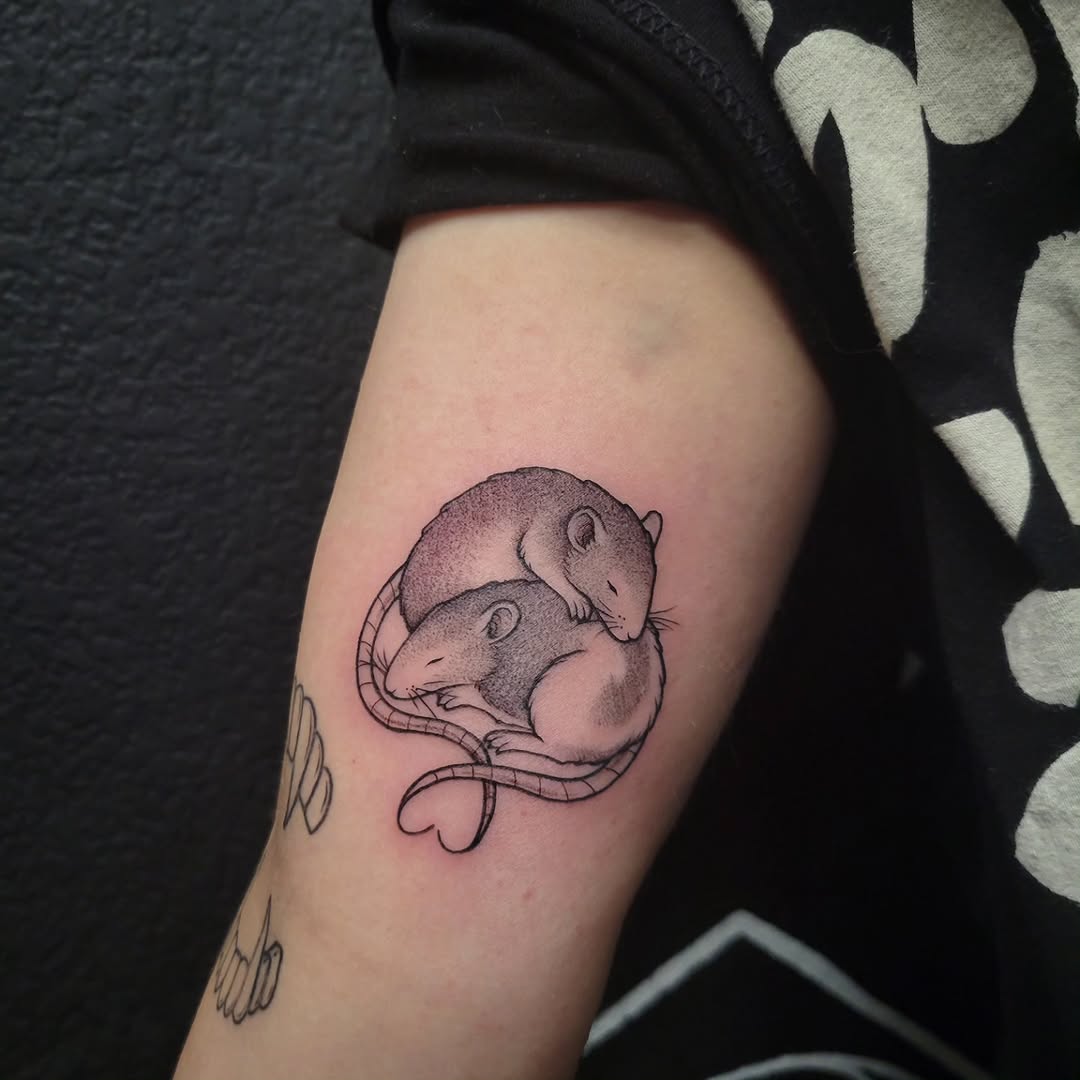 Two rats cuddling fine line tattoo on the forearm by Marina Cobb