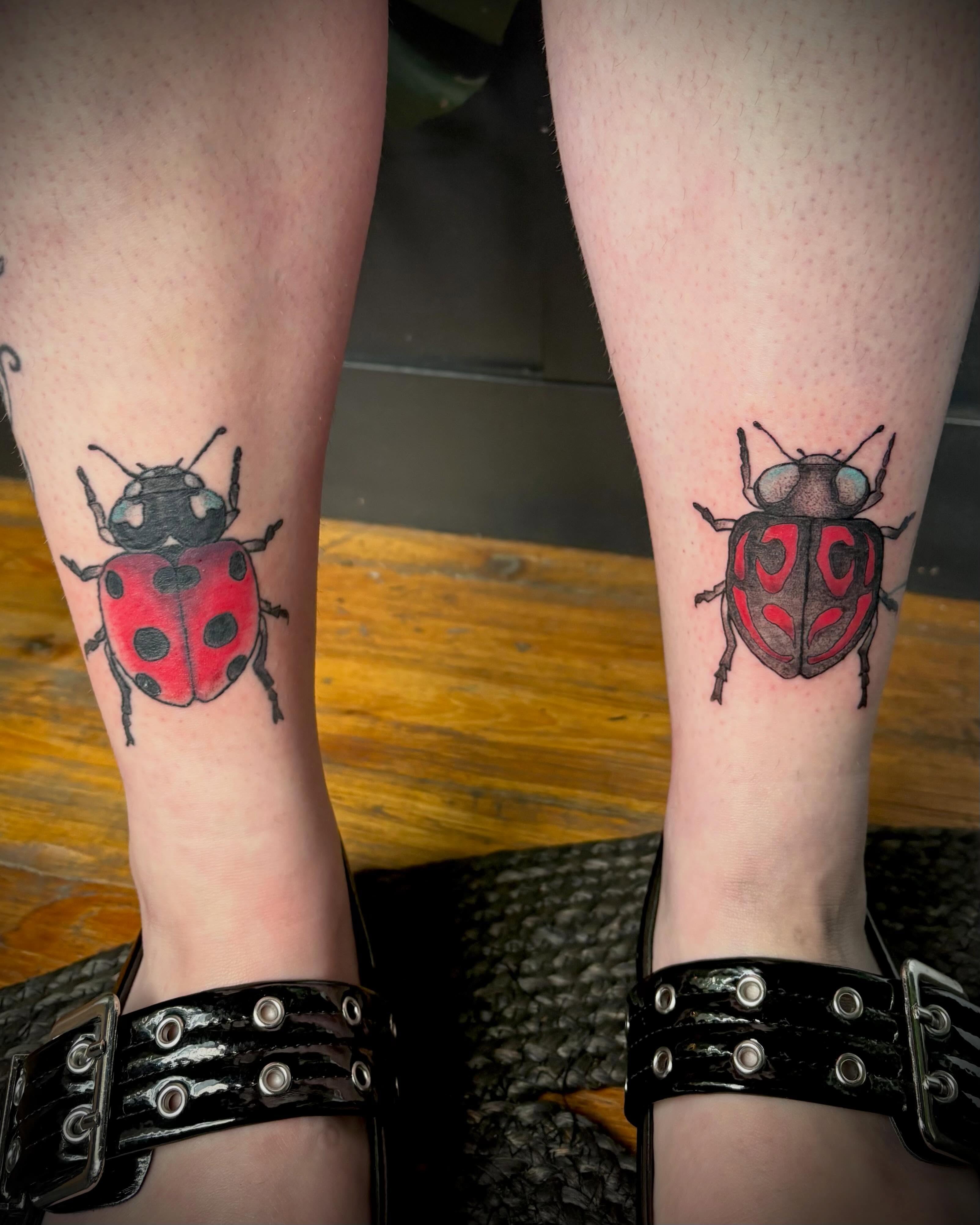 Ladybug realism tattoo on the leg by Abby Ruok, Midvale, Utah