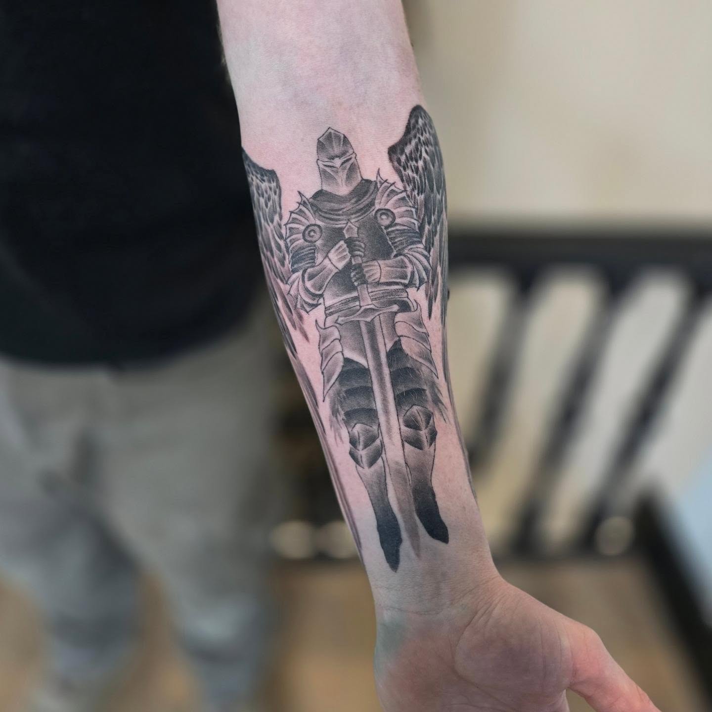 Knight with sword black and grey tattoo on the forearm by 🖤🥀🐉Taylor Nichole👻🌙✨️