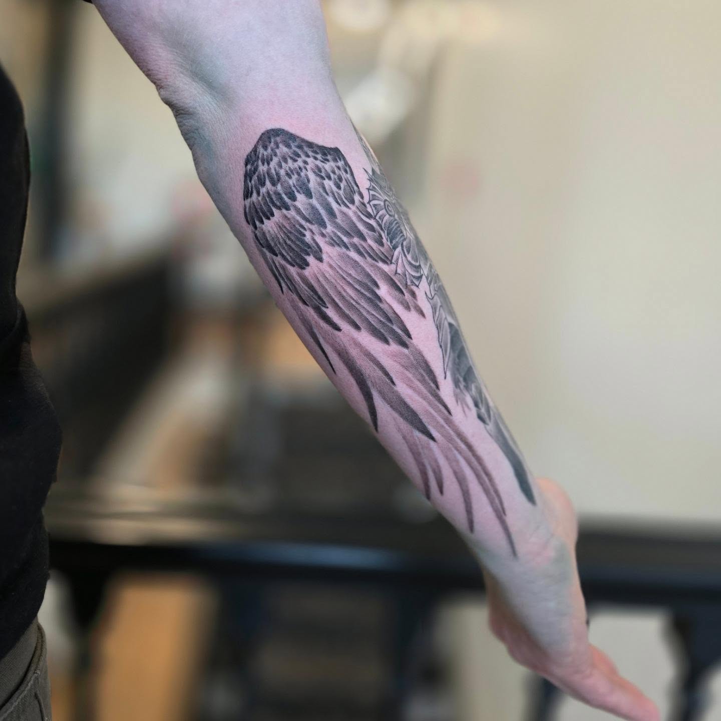 Wing black and grey tattoo on the forearm by 🖤🥀🐉Taylor Nichole👻🌙✨️