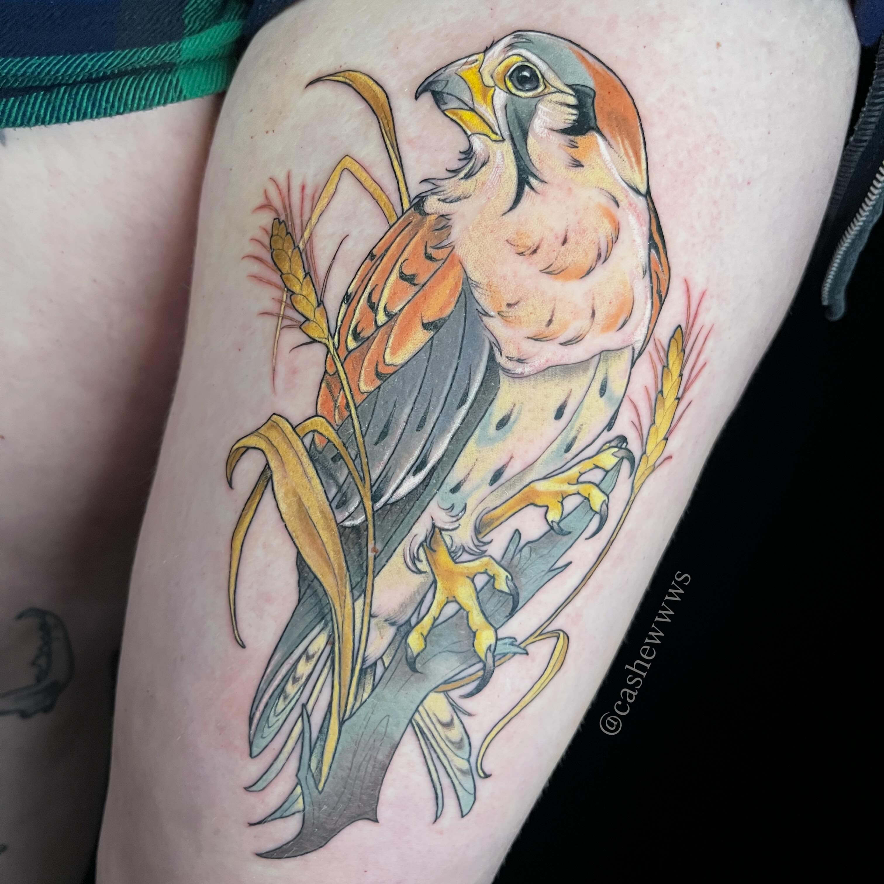 Bird realism tattoo on the thigh by Cassandra