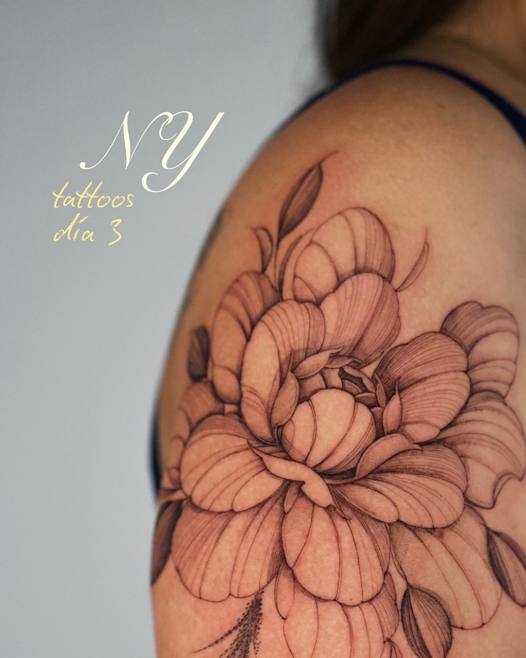 Flower black and grey tattoo on the shoulder by Tattoo fine line NY