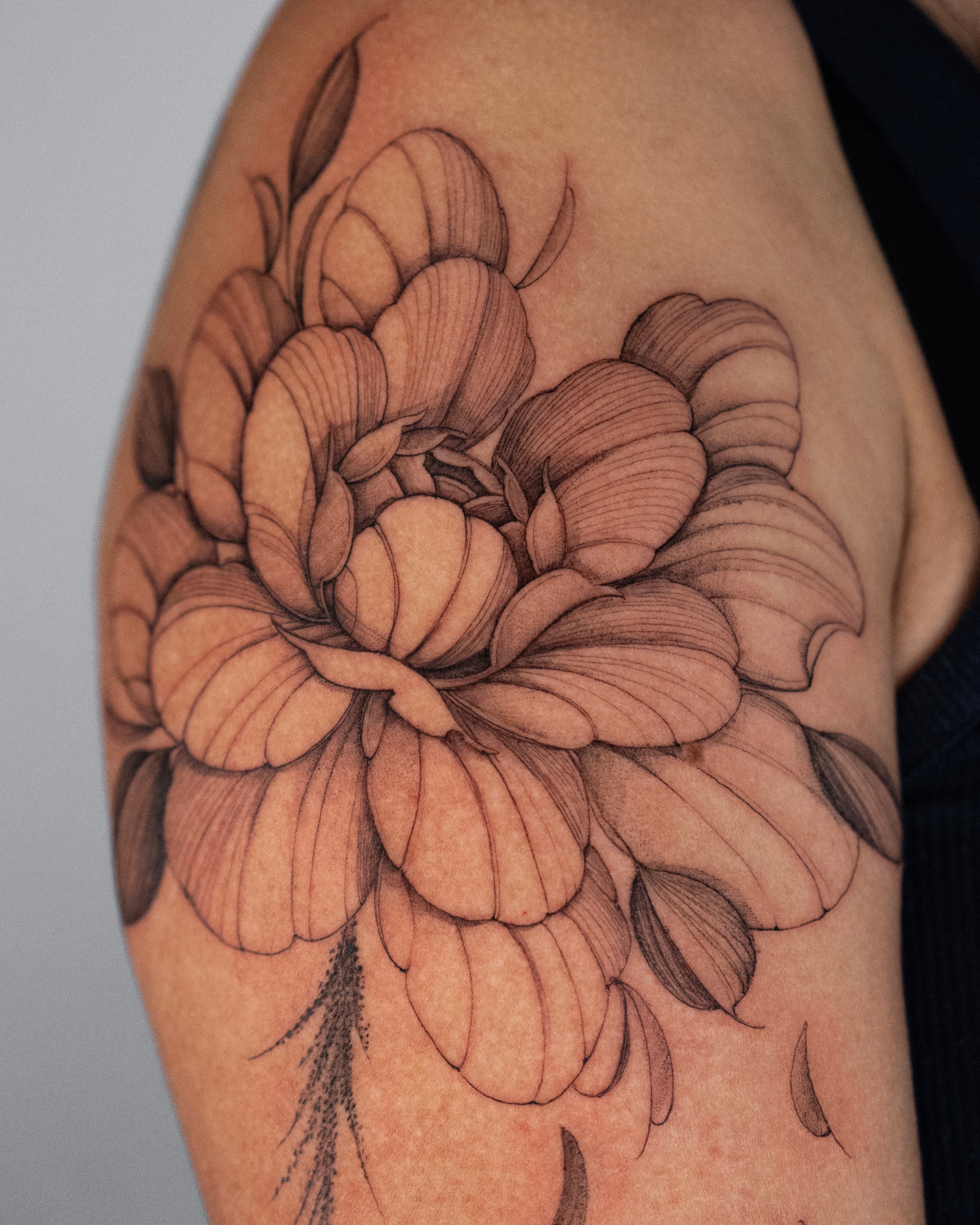Flower black and grey tattoo on the upper arm by Tattoo fine line NY