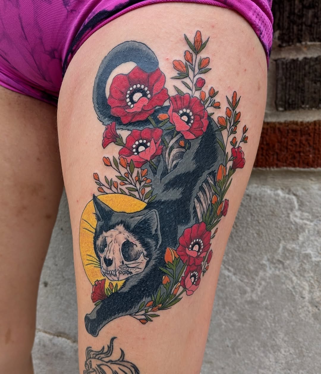 Cat skeleton with flowers neo-traditional tattoo on the thigh by Damon 🥀
