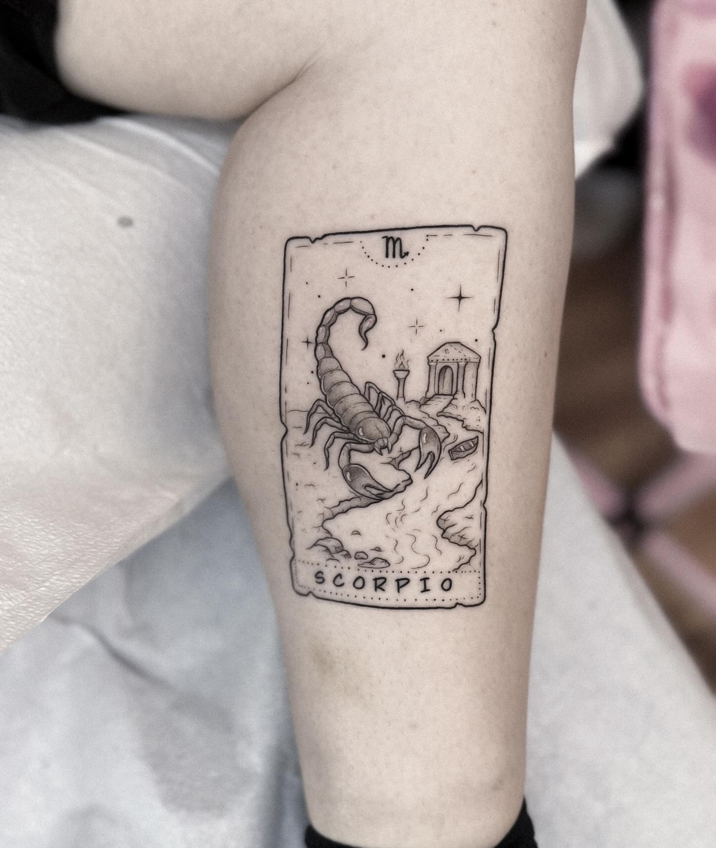Scorpion black and grey tattoo on the forearm by Whimsical Tattoos