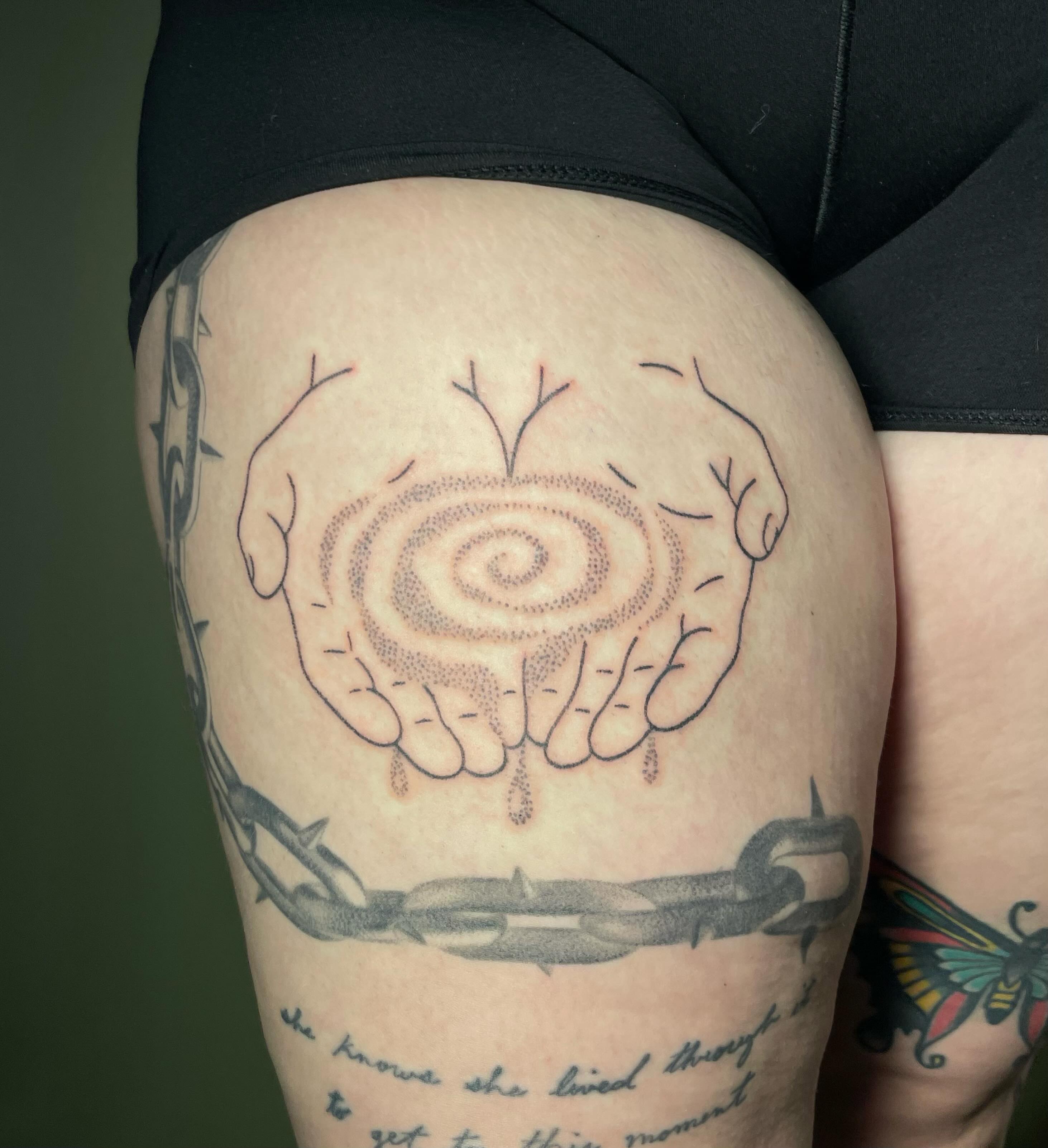 Spiraling hands dotwork tattoo on the thigh by Quin
