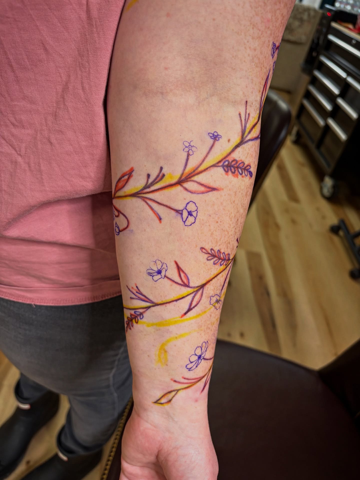 Floral vine new school tattoo on the forearm by Francesca Siwa