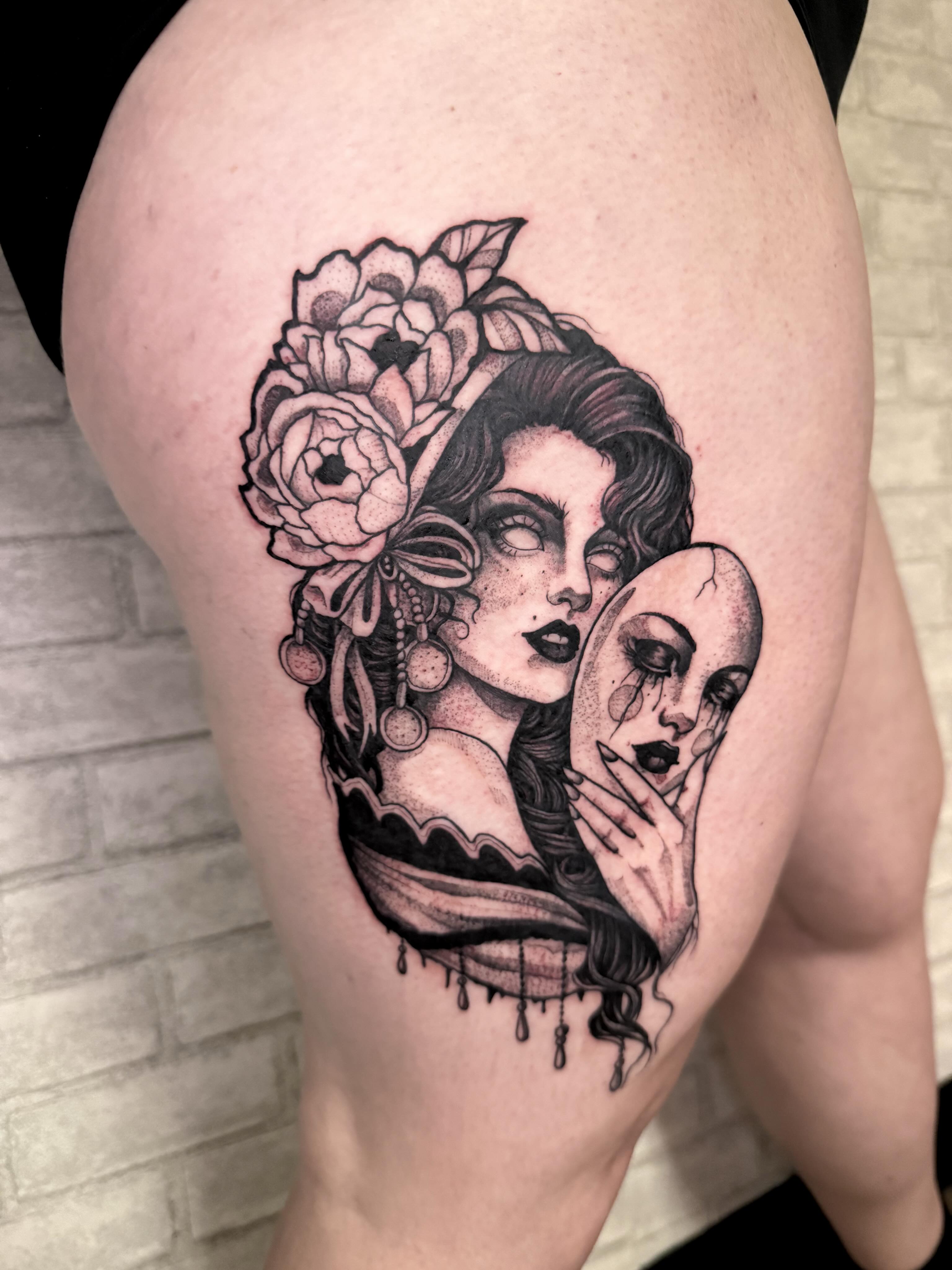 Woman with mirror dotwork tattoo on the thigh by amanda malia wega