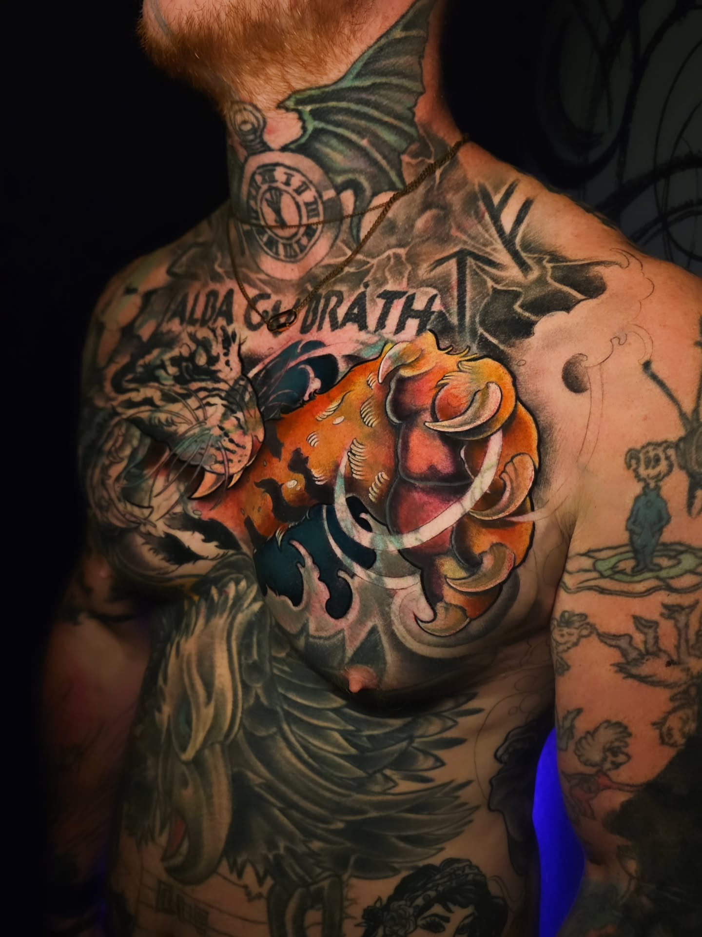 Mythical creature neo-traditional tattoo on the chest by Adriannah Esparza
