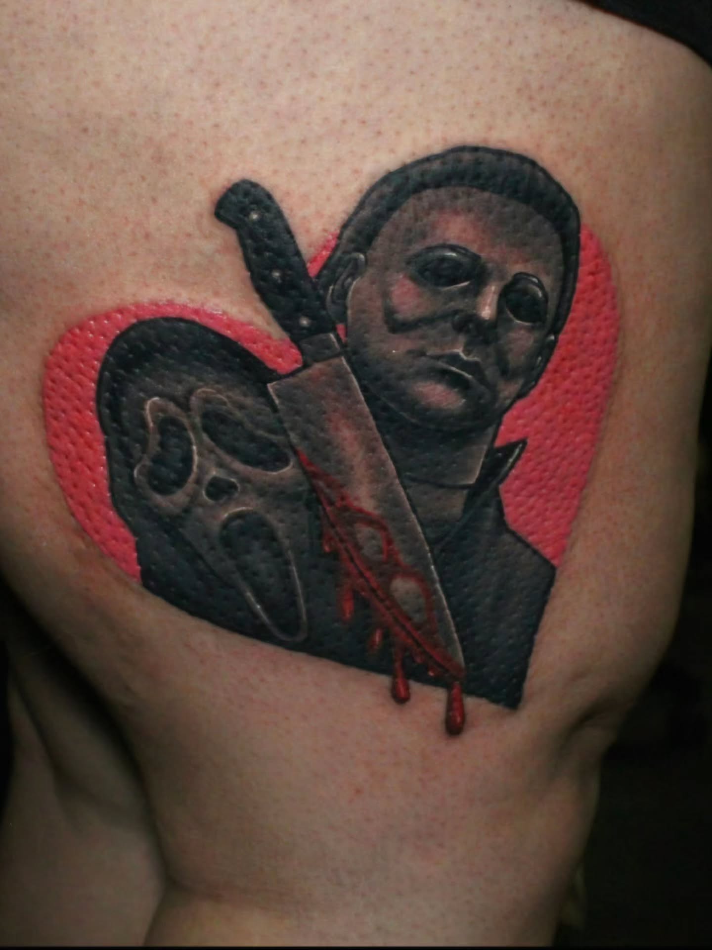 Michael Myers dark realism tattoo on the chest by Joey Vinci, Phoenix, Arizona