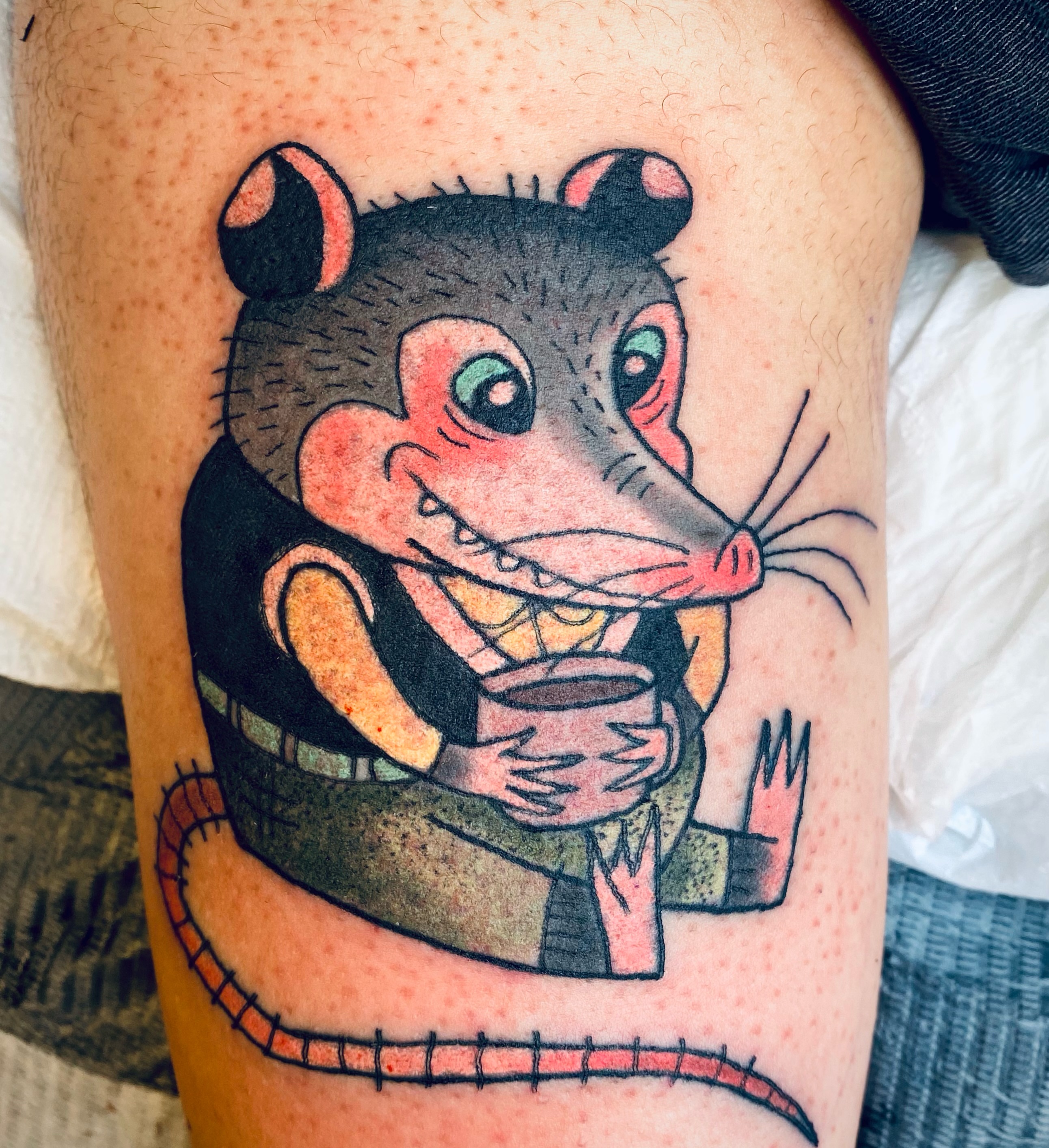 Mouse American traditional tattoo on the thigh by Aidan Monahan Tattoo