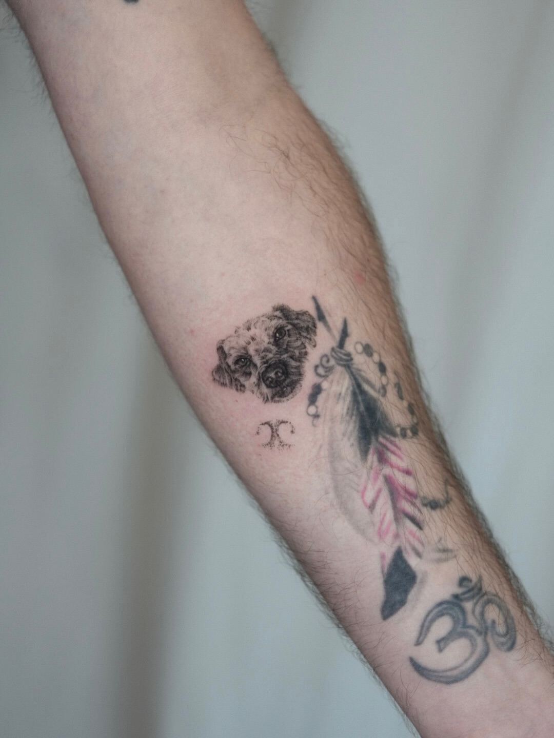 Dog and feather black and grey tattoo on the forearm by Joy, Gold Coast, Queensland
