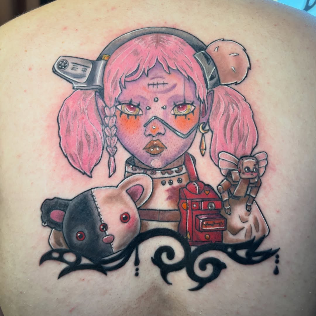 Cyborg girl dotwork tattoo on the back by Bekah Smith