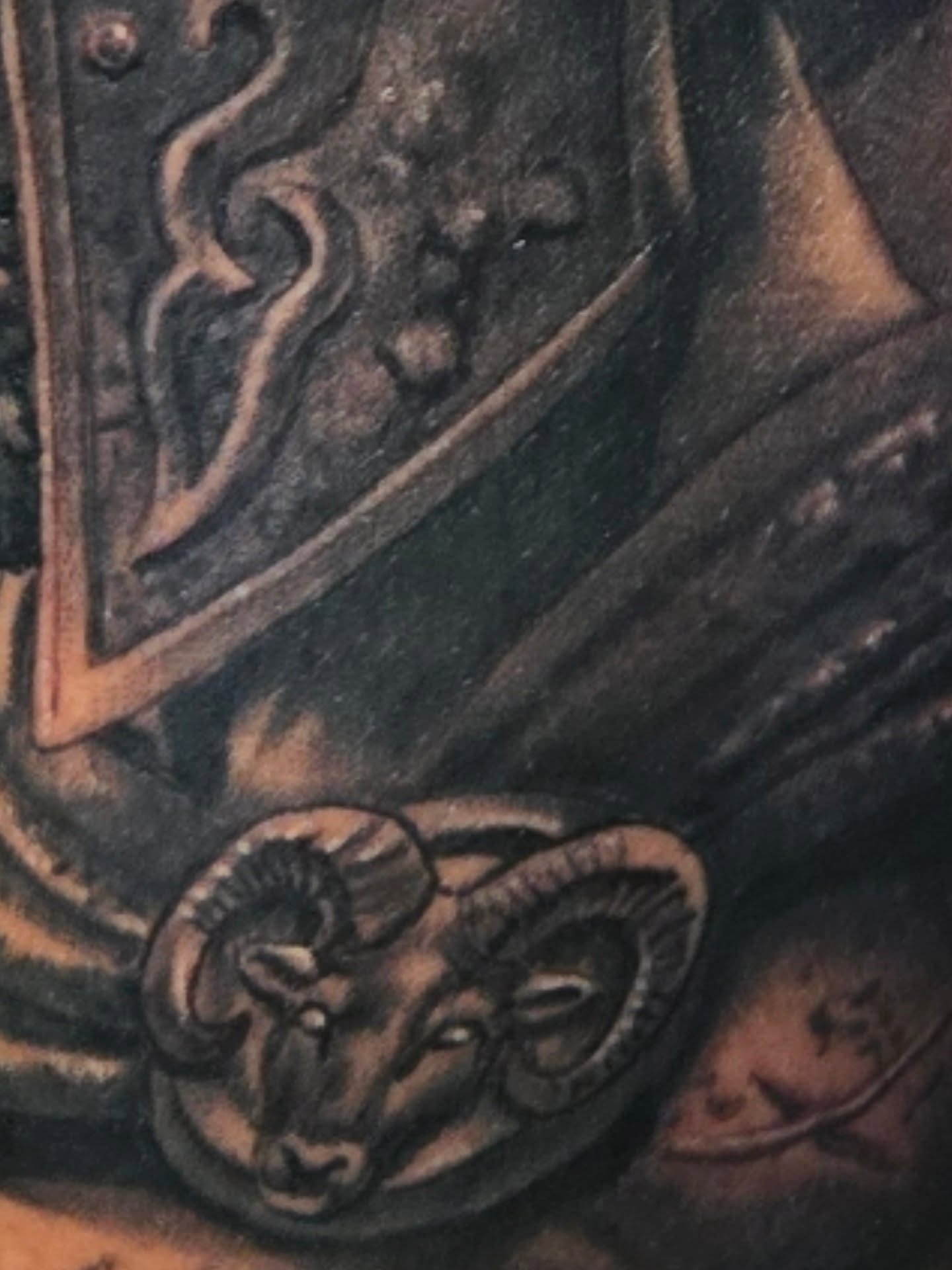 Ram head black and grey tattoo by Cee Vann, Greensboro, North Carolina