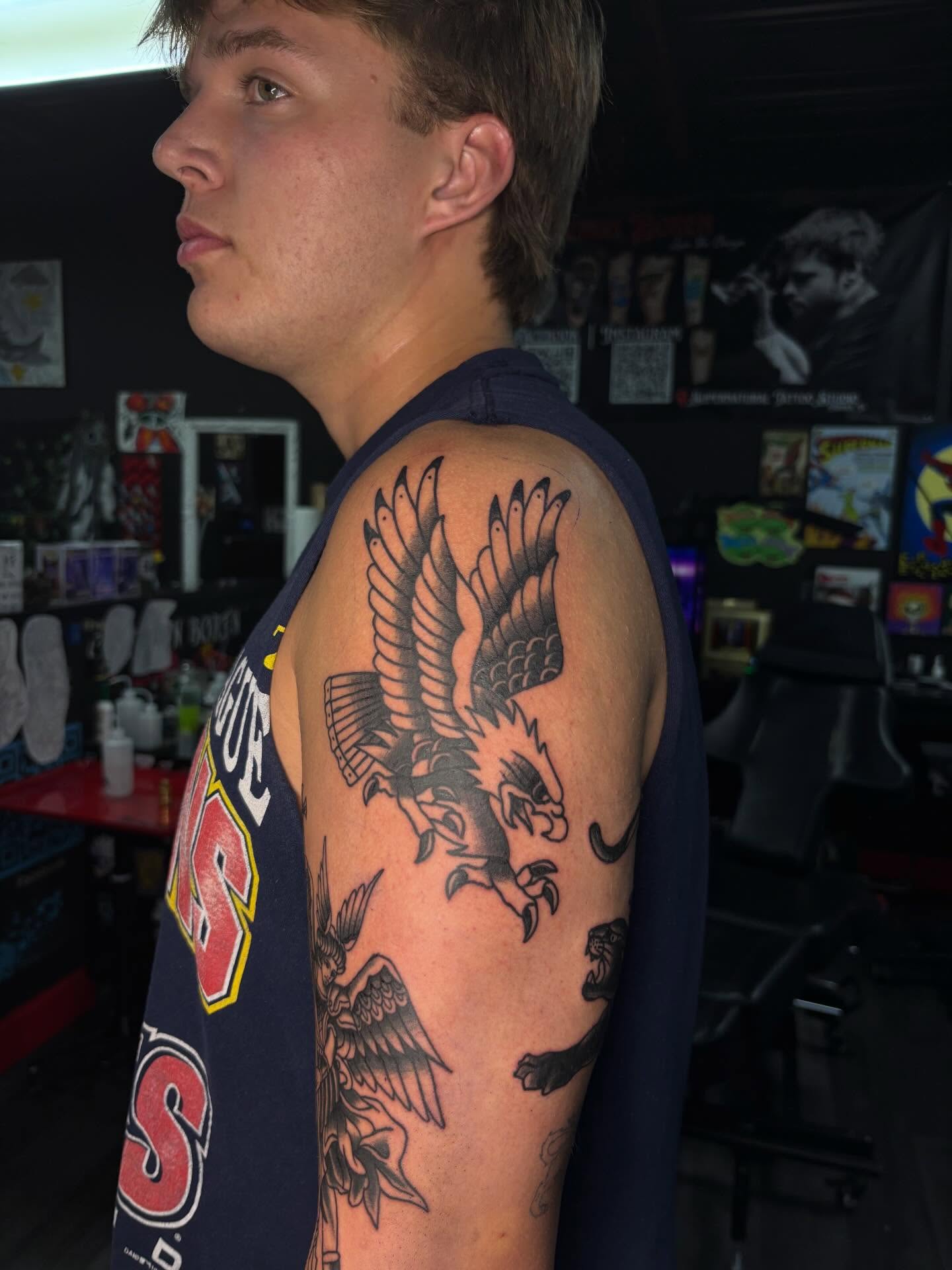Eagle American traditional tattoo on the shoulder by Ethan Ellis, Dallas, Texas