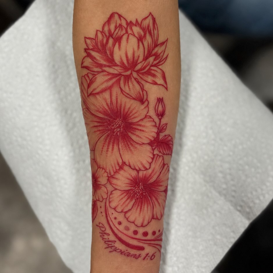 Floral arrangement dotwork tattoo on the forearm by Zeninkz