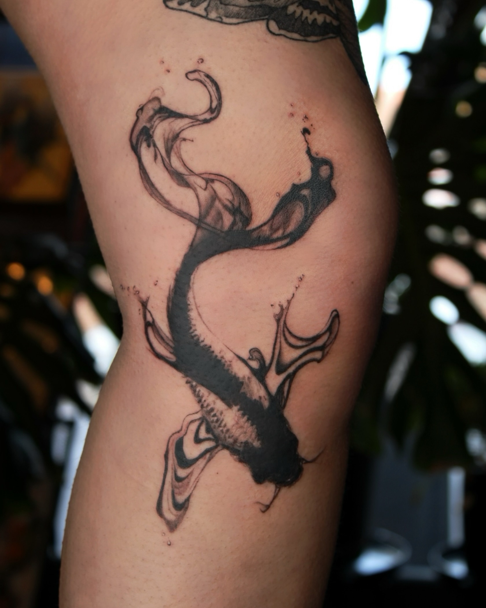 Koi fish black and grey tattoo on the thigh by ππ²π§π§ ππ’π₯πππ« (π©π¦