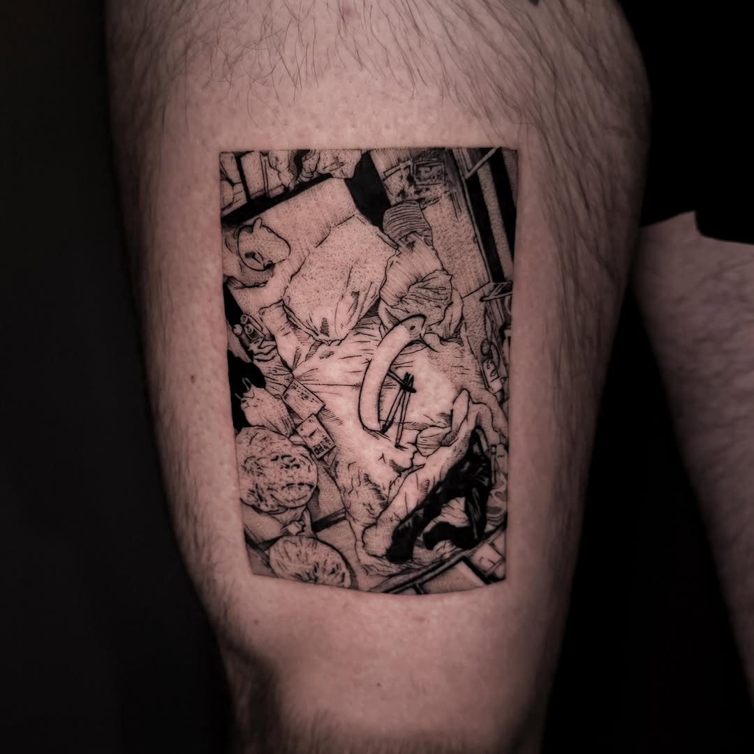 Abstract composition dotwork tattoo on the thigh by Amanda