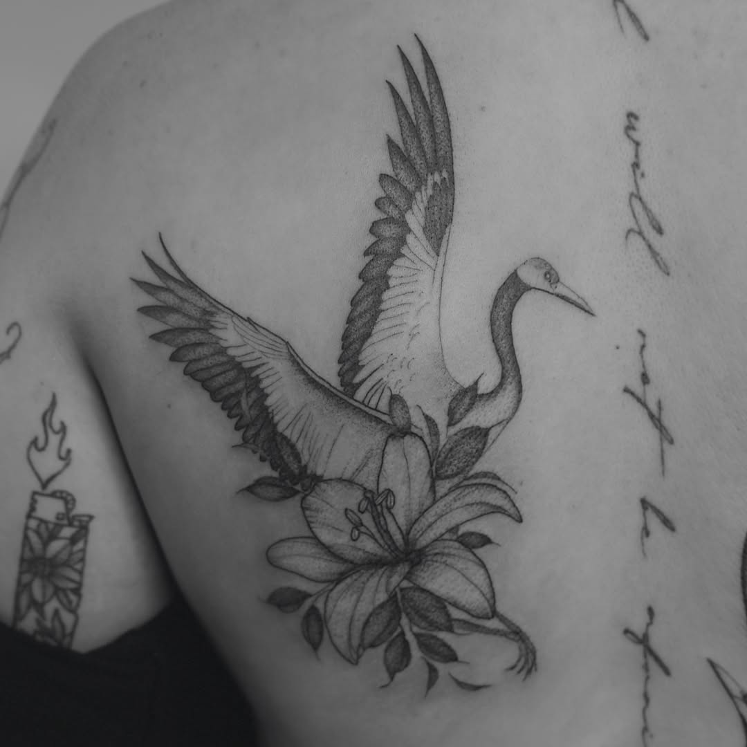 Heron and lily realism tattoo on the shoulder by ❤️‍🔥 Abigail Chambers ❤️‍🔥