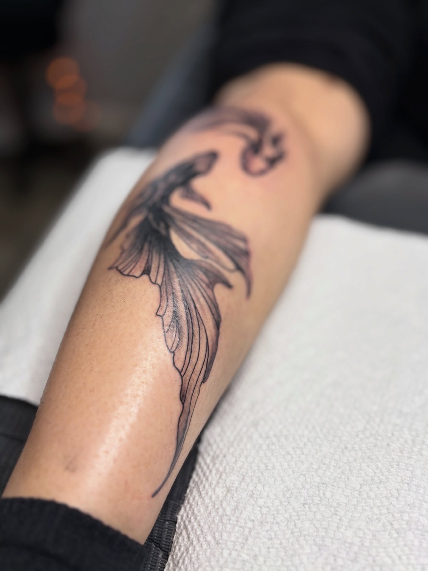Goldfish black and grey tattoo on the forearm by Casey - Tattooer, Salem, Massachusetts