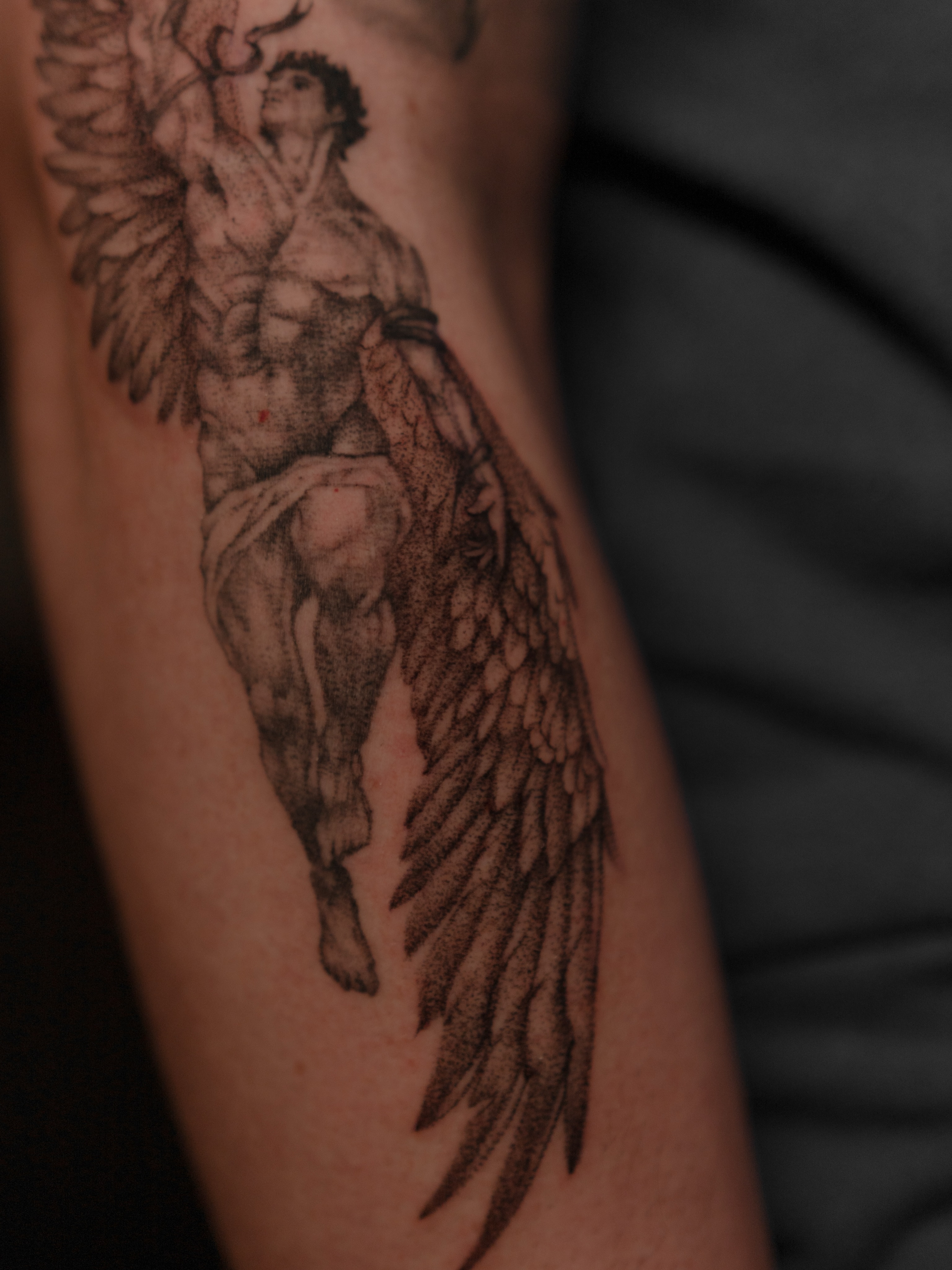 Winged angel dotwork tattoo on the forearm by Jen- San Antonio tattoo artist