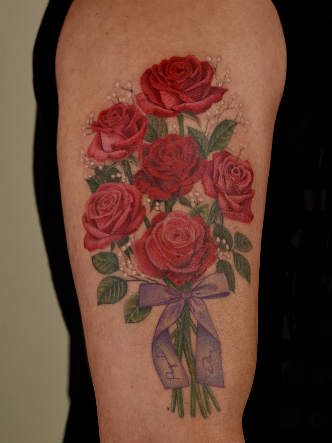 Bouquet of roses with ribbon neo-traditional tattoo on the forearm by ๐ก๐ฎ๐ป๐ฐ๐ โง ๐ก๐ฌ๐ ๐ง๐๐ง๐ง๐ข๐ข ๐๐ฅ๐ง๐๐ฆ๐งโง