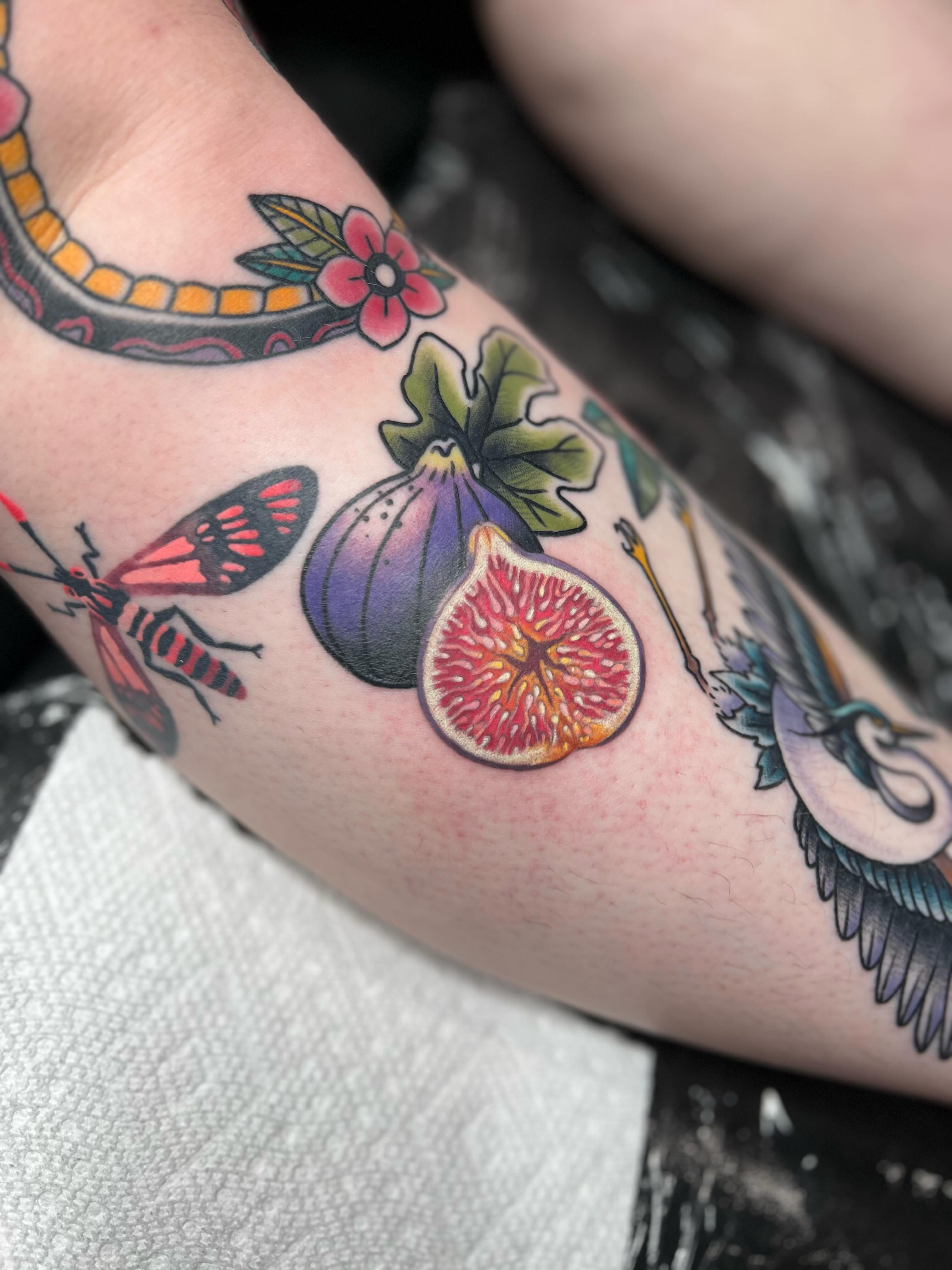 Figs and moth American traditional tattoo on the forearm by 𝗕𝗿𝗮𝗻𝗱𝘆  𝗪𝗼𝗼𝗱𝗳𝗼𝗿𝗱