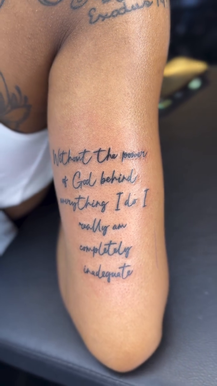 Scripture quote tattoo lettering tattoo on the leg by Jazz Walker