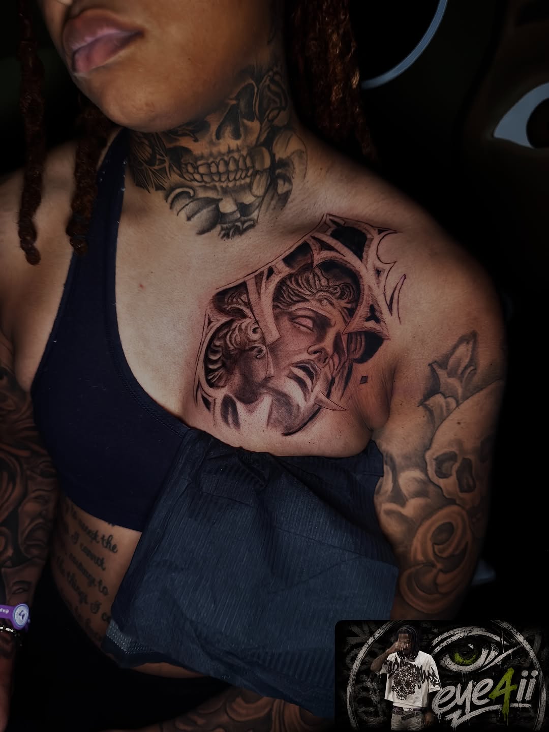 Classical bust within architectural frame tattoo on the chest by dallas tattoo artist, Duncanville, Texas