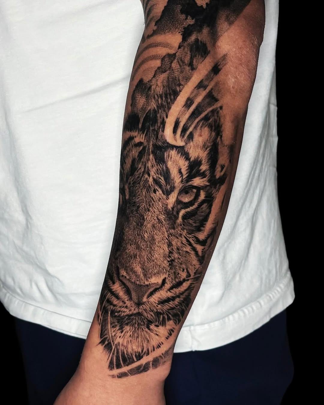 Tiger face realism tattoo on the forearm by Yu Chen