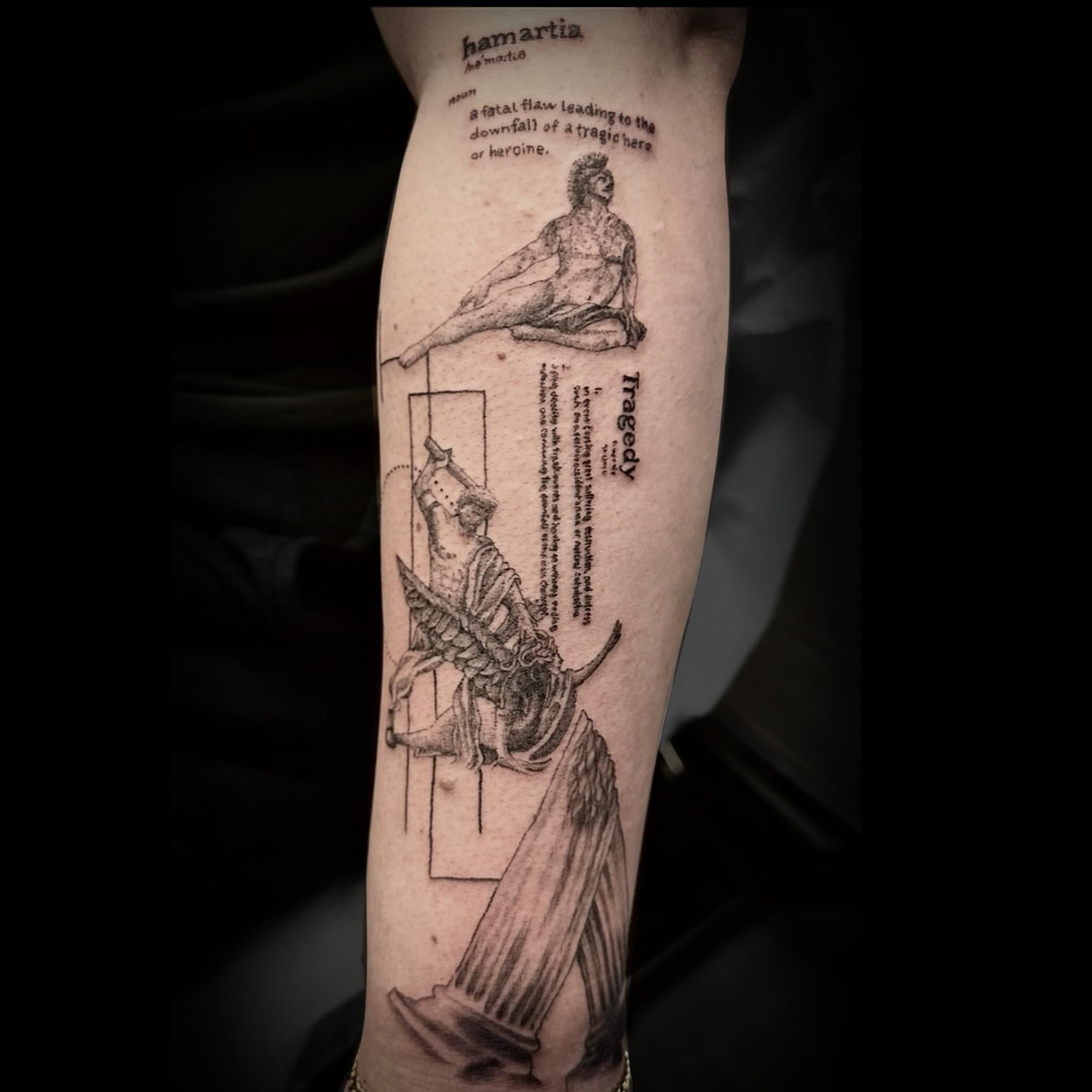 Tragedy black and grey tattoo on the forearm by 🌜🔮✨Anya Casey✨🔮🌛