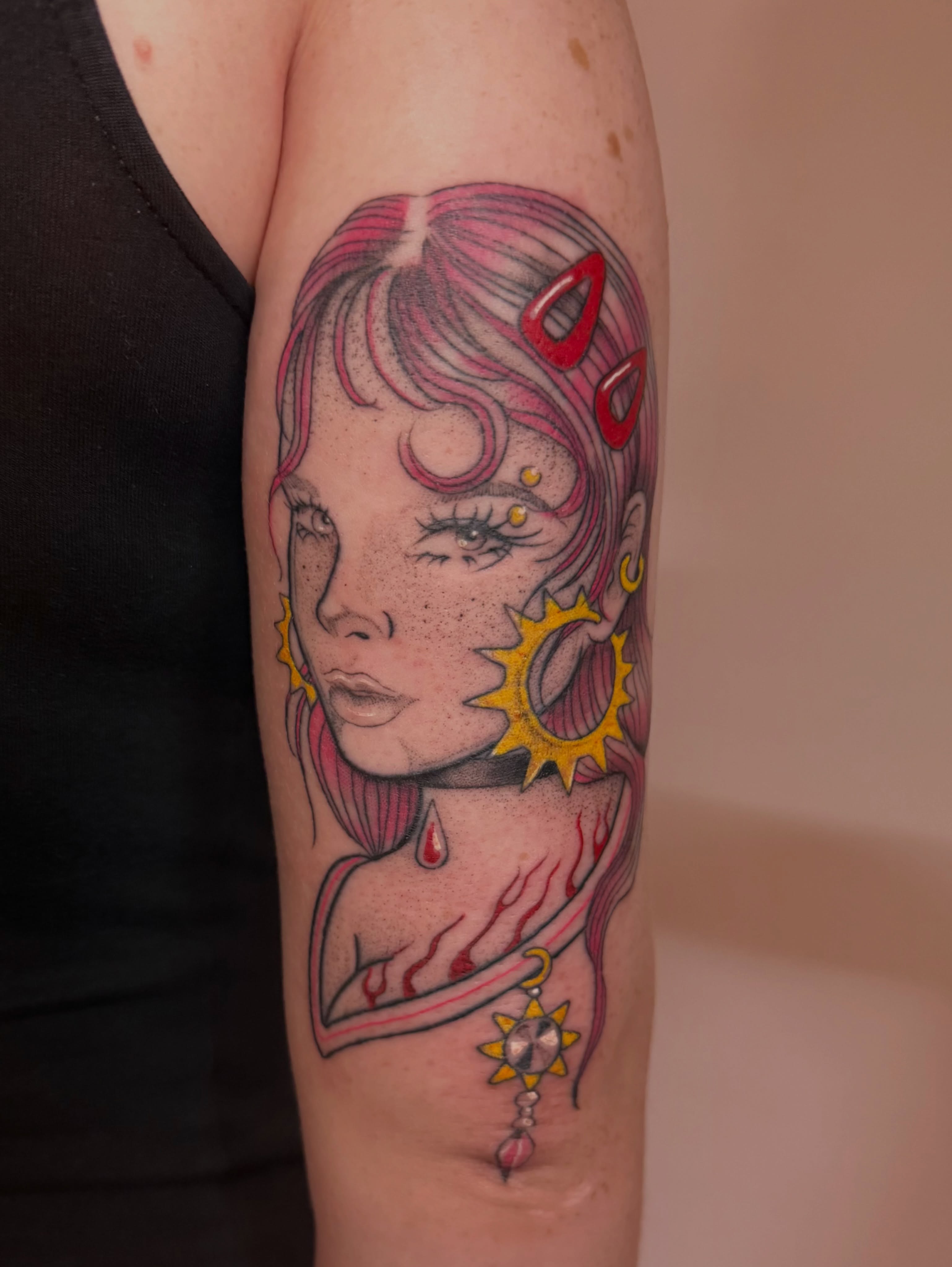 Woman with celestial motifs dotwork tattoo on the forearm by 𝔓𝔢𝔞𝔠𝔥𝔶 𝔄𝔫𝔰𝔩𝔢𝔶