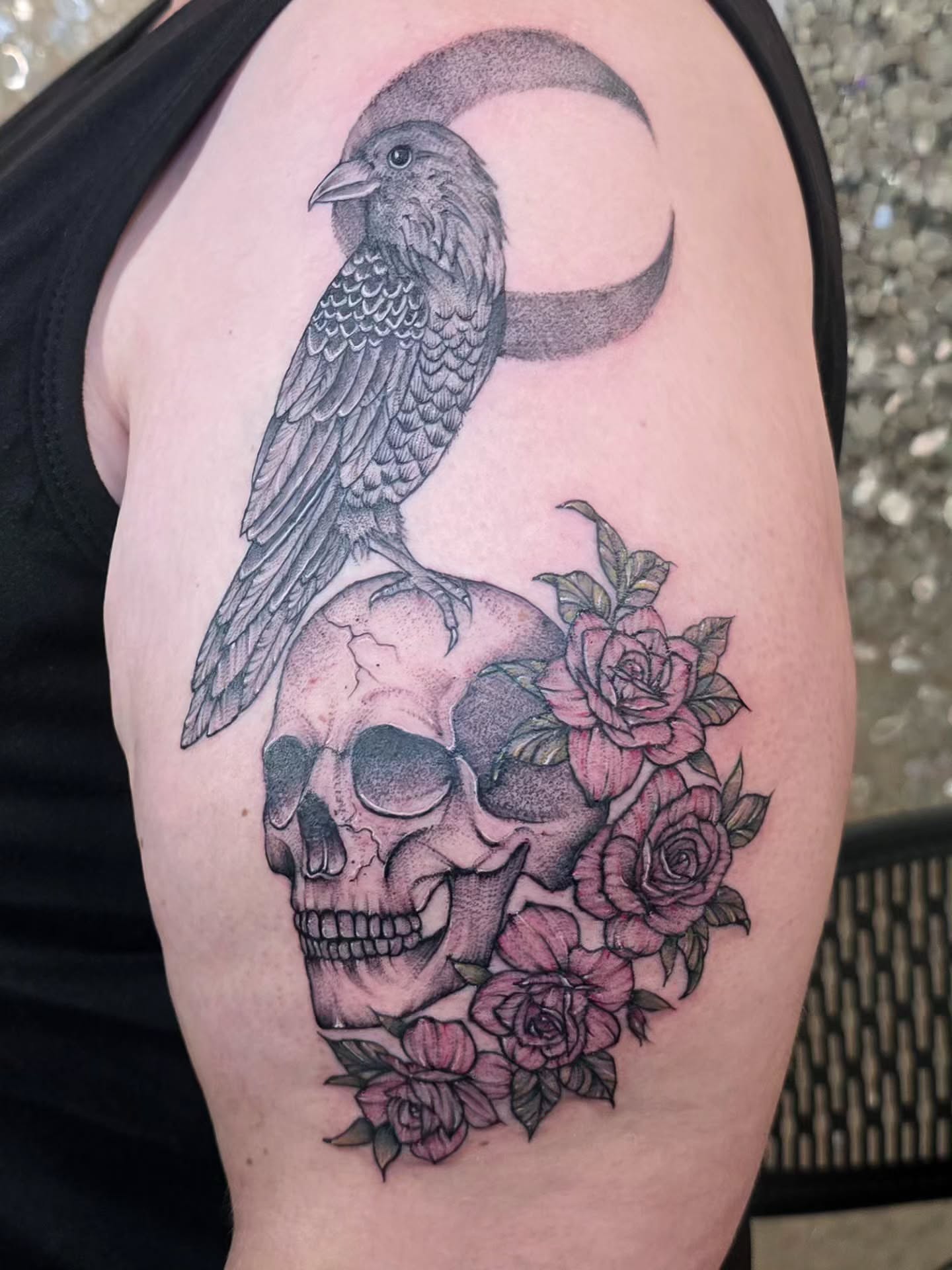 Skull and roses realism tattoo on the shoulder by Hope 🌙, Cincinnati