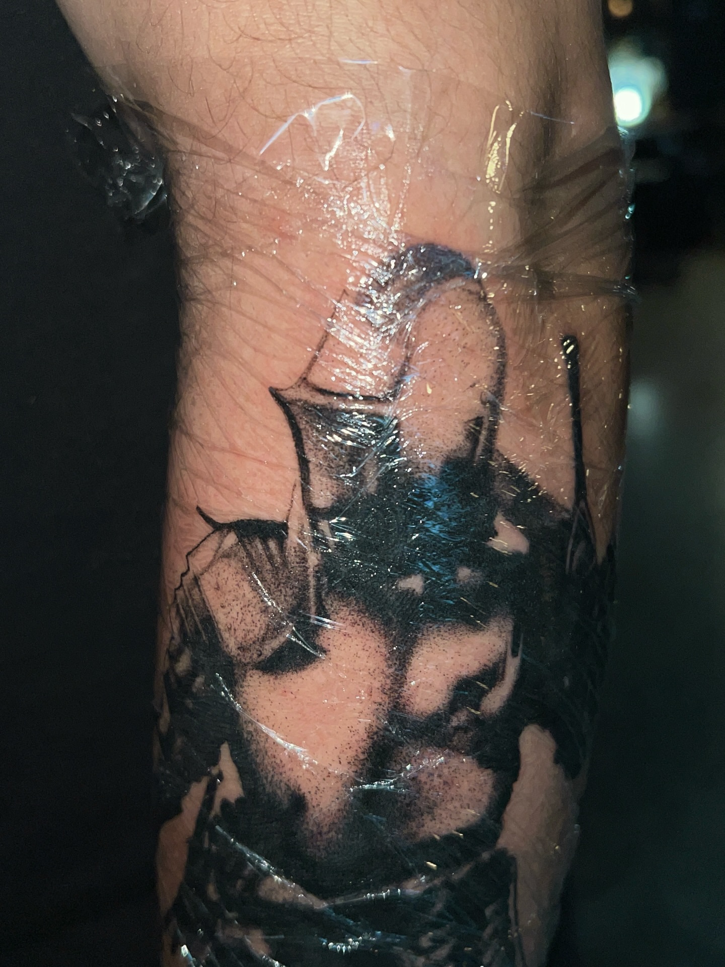 Man's face black and grey tattoo on the forearm by ♡ ant ☆