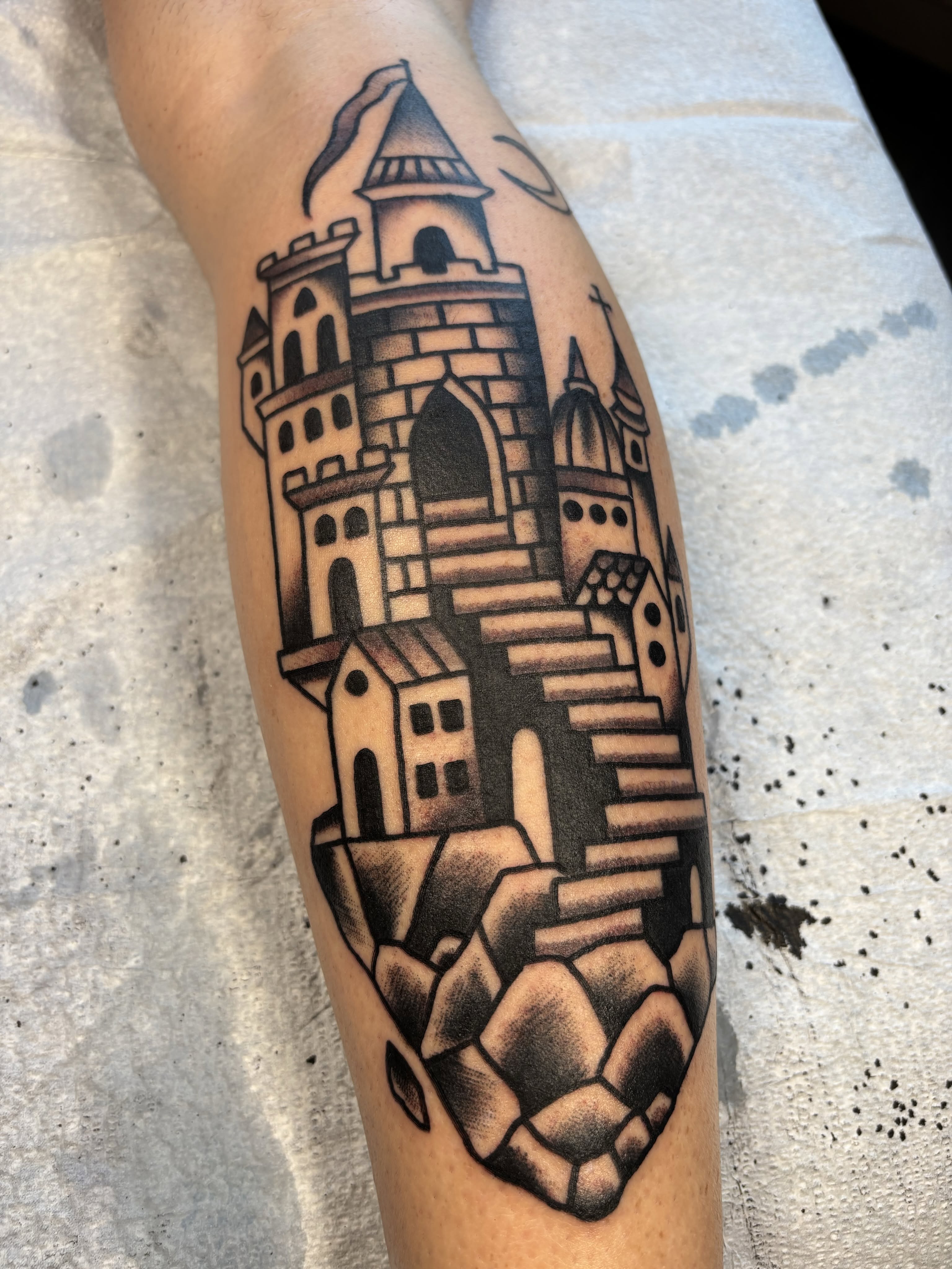 Castle geometric tattoo on the forearm by Jeff Slack