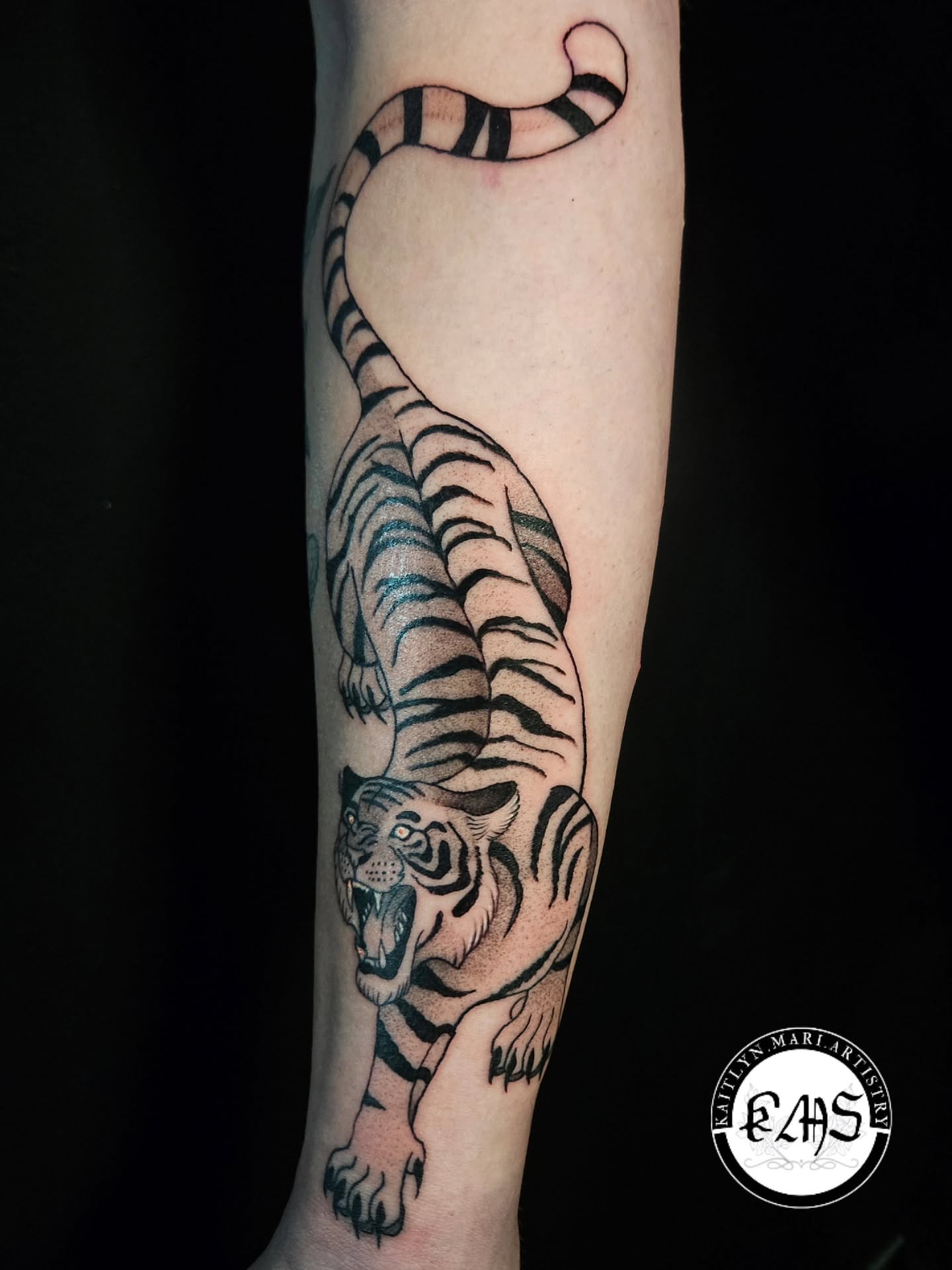 Tiger black and grey tattoo on the forearm by Kaitlyn Marianna Skewes 🌙 Illustrative