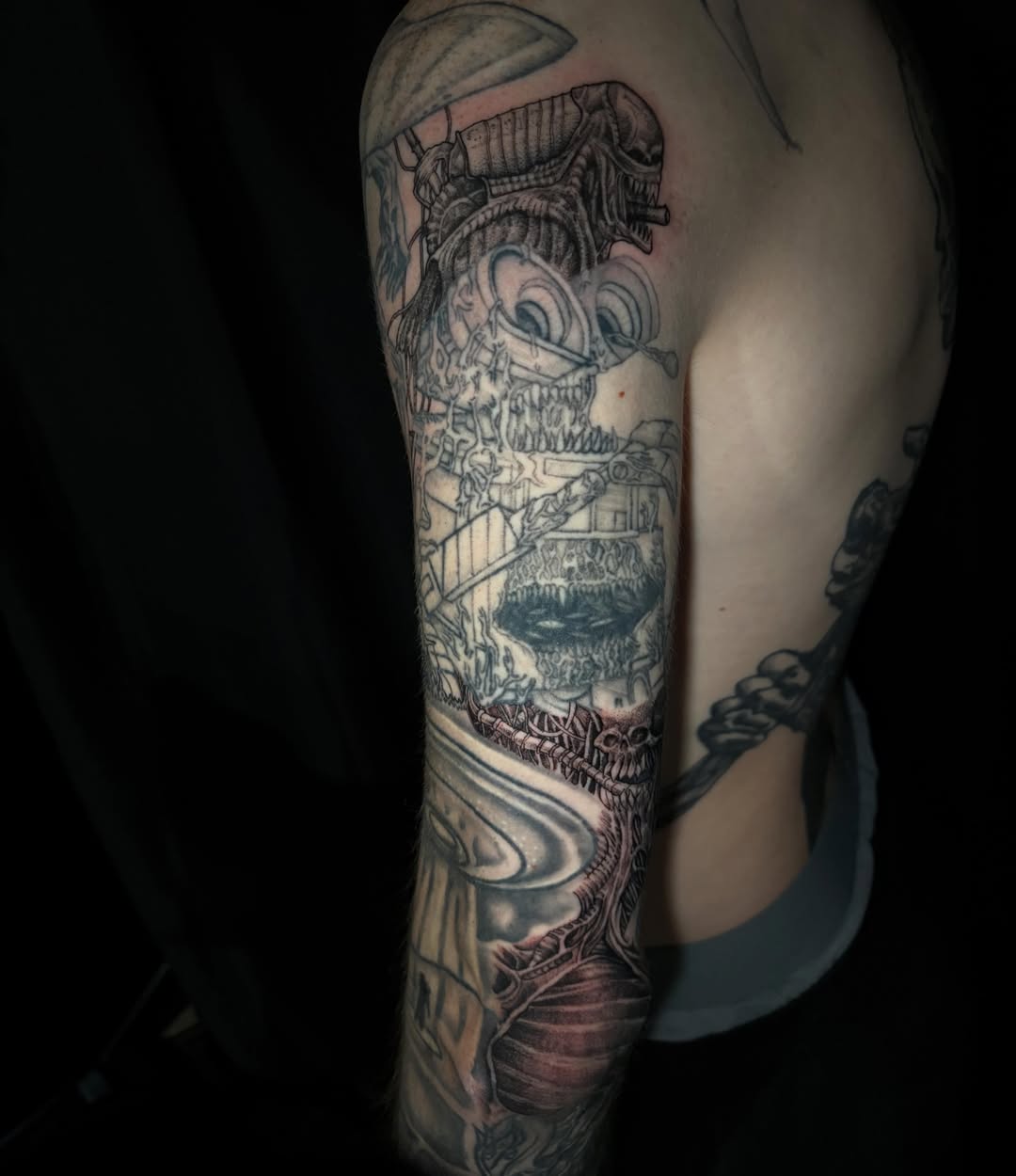 Ship and skull dark realism tattoo on the forearm by Crawlspacecadet