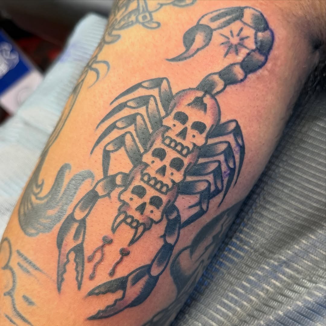 Scorpion American traditional tattoo on the forearm by Max mogstad