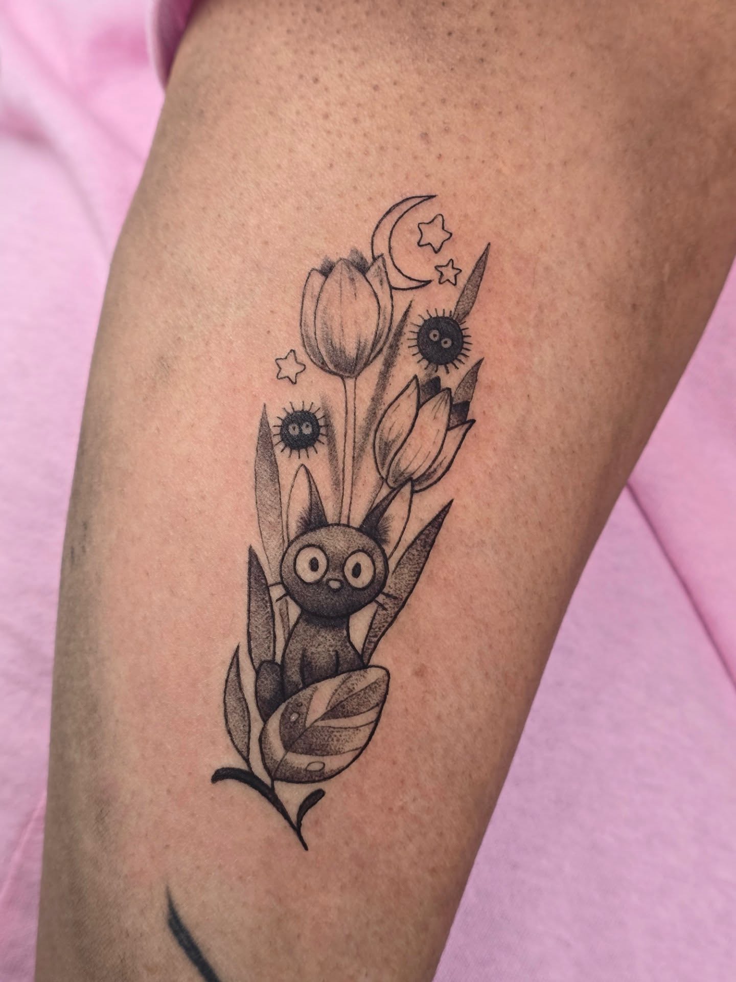 Cat and tulips dotwork tattoo on the forearm by Scribbles (Teala René), Charlotte, North Carolina