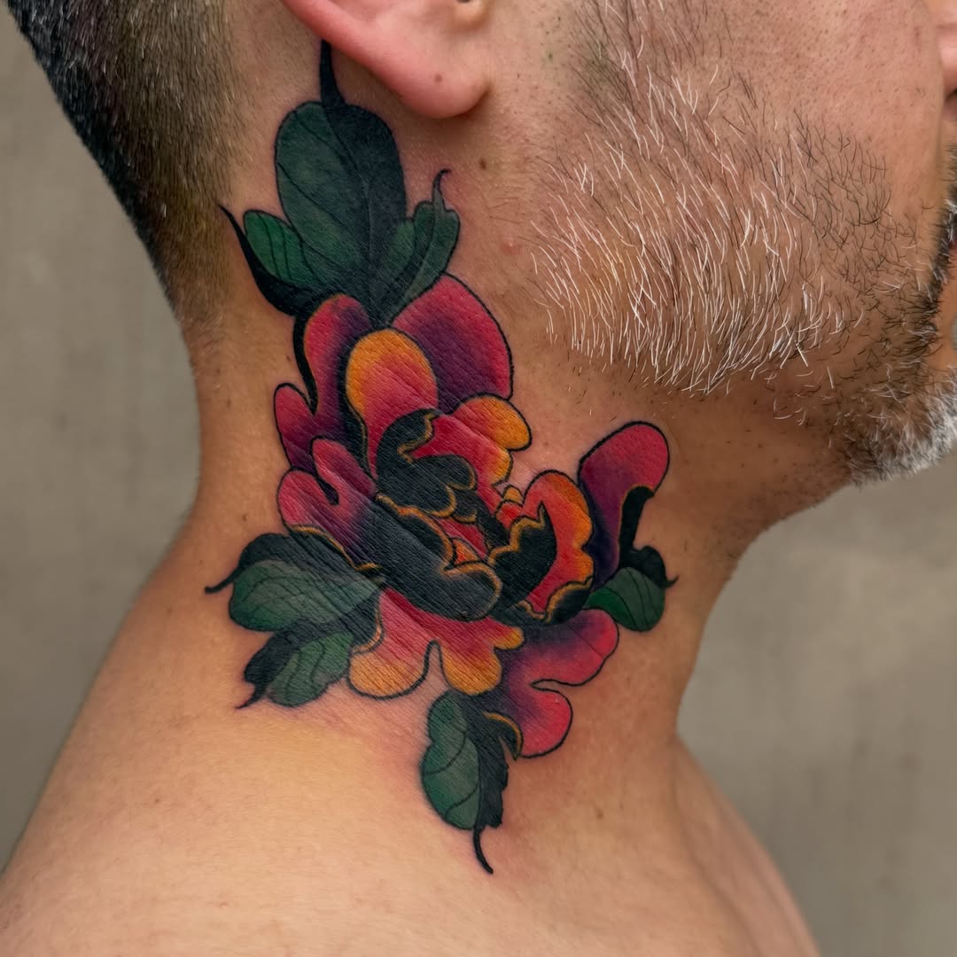 Floral American traditional tattoo on the neck by Faith Lopez