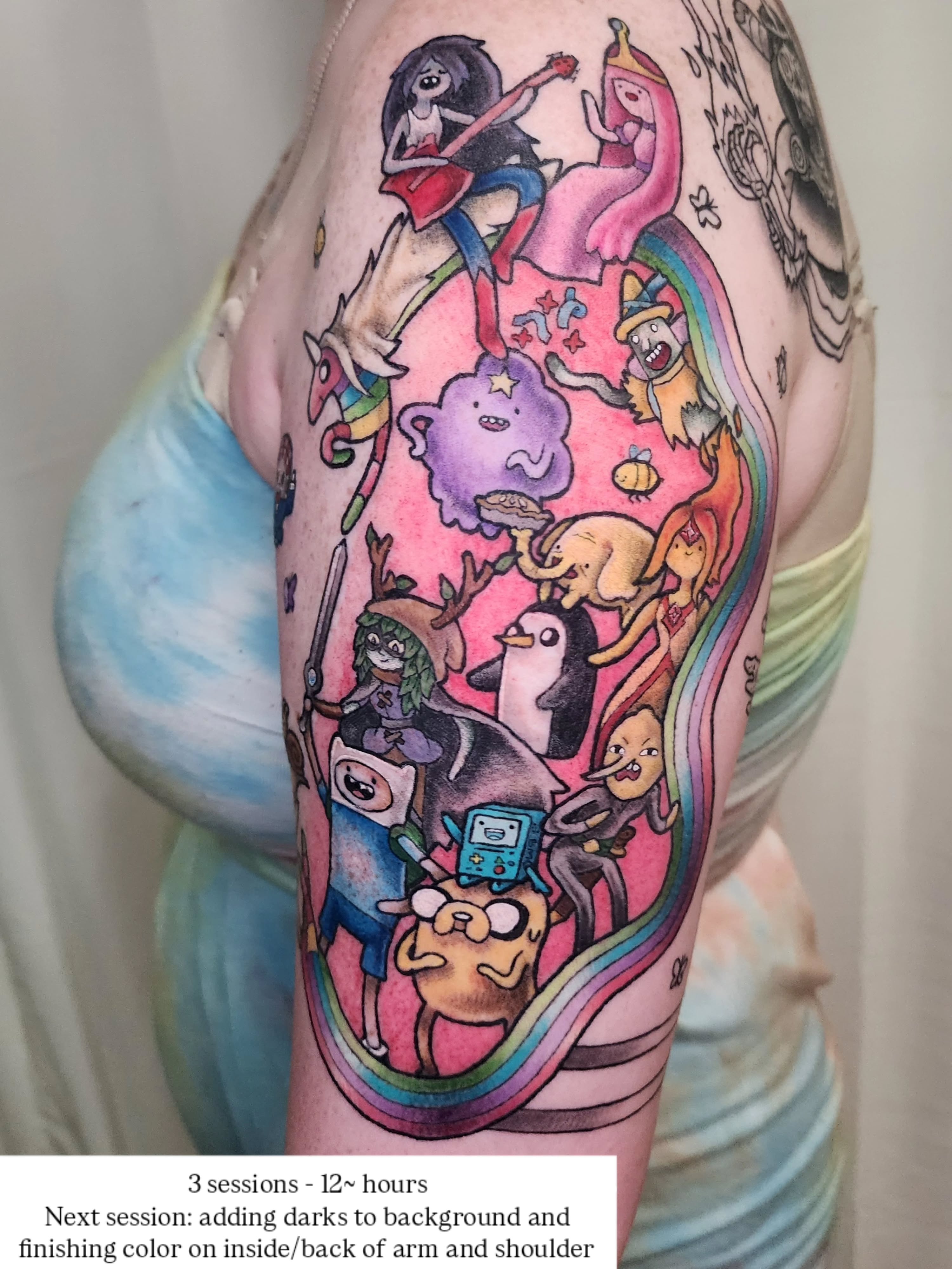 Adventure Time characters new school tattoo on the forearm by Lindsey Andrew, Englewood, Colorado