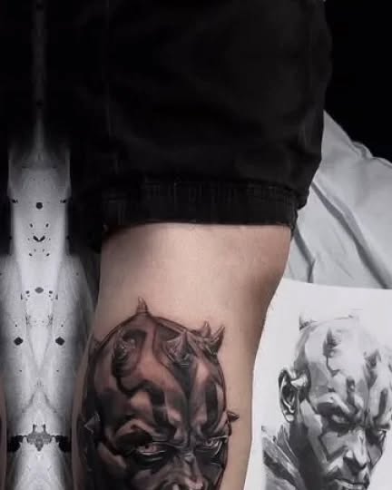 Darth Maul portrait realism tattoo on the forearm by Janice Heathcote
