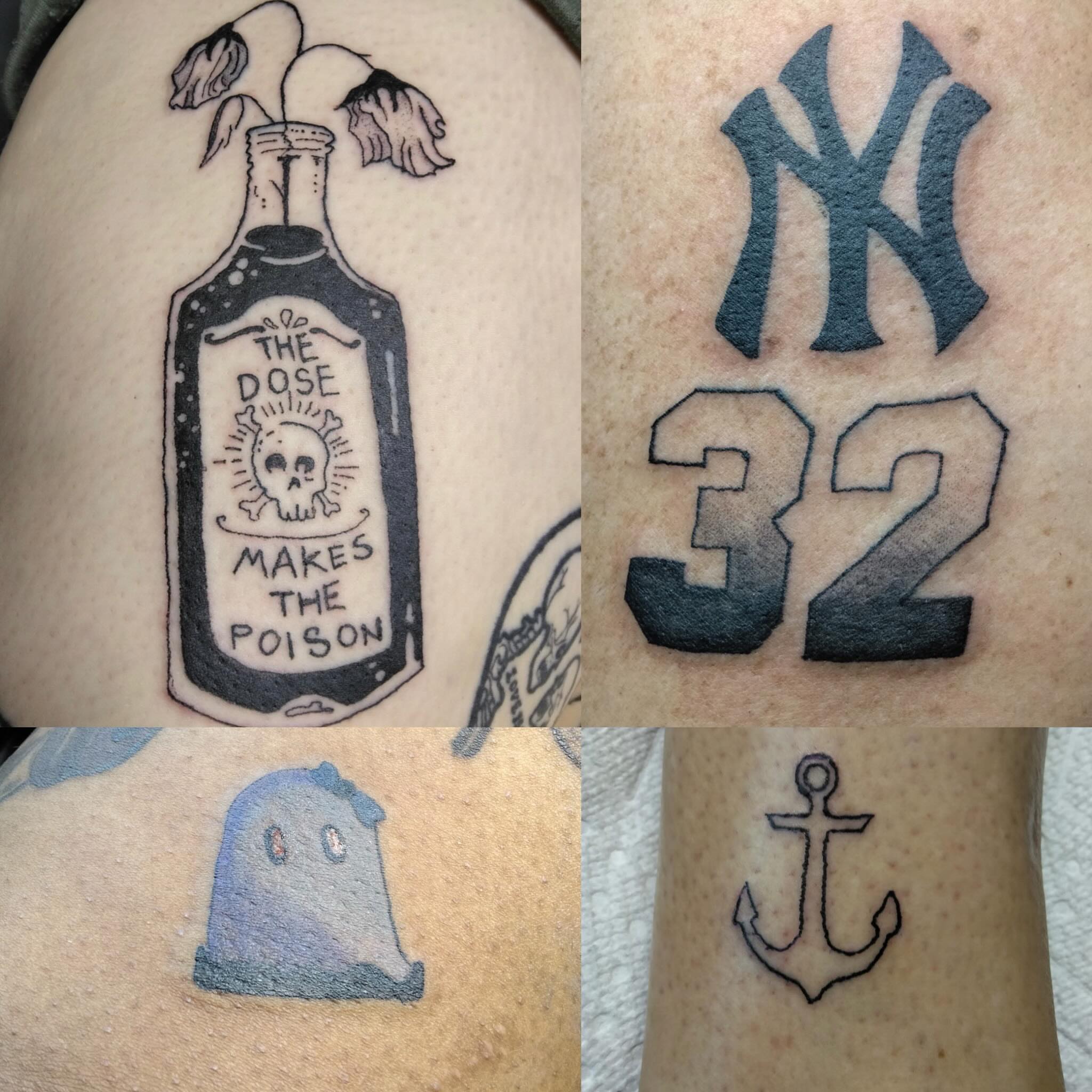 Poison bottle black and grey tattoo on the thigh by Malynda