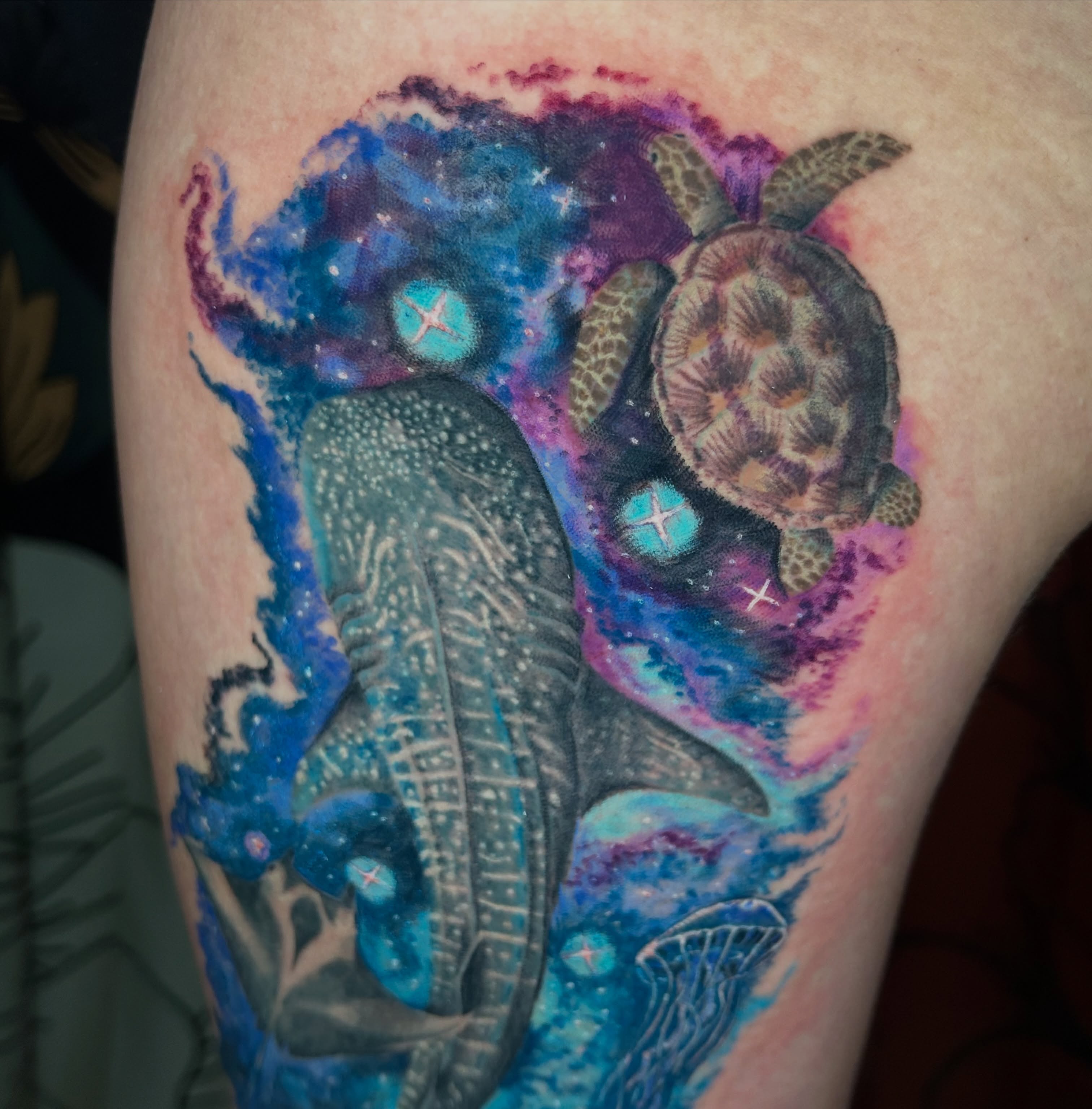 Whale and turtle dotwork tattoo on the thigh by Paisley Diaz, Lombard, Illinois