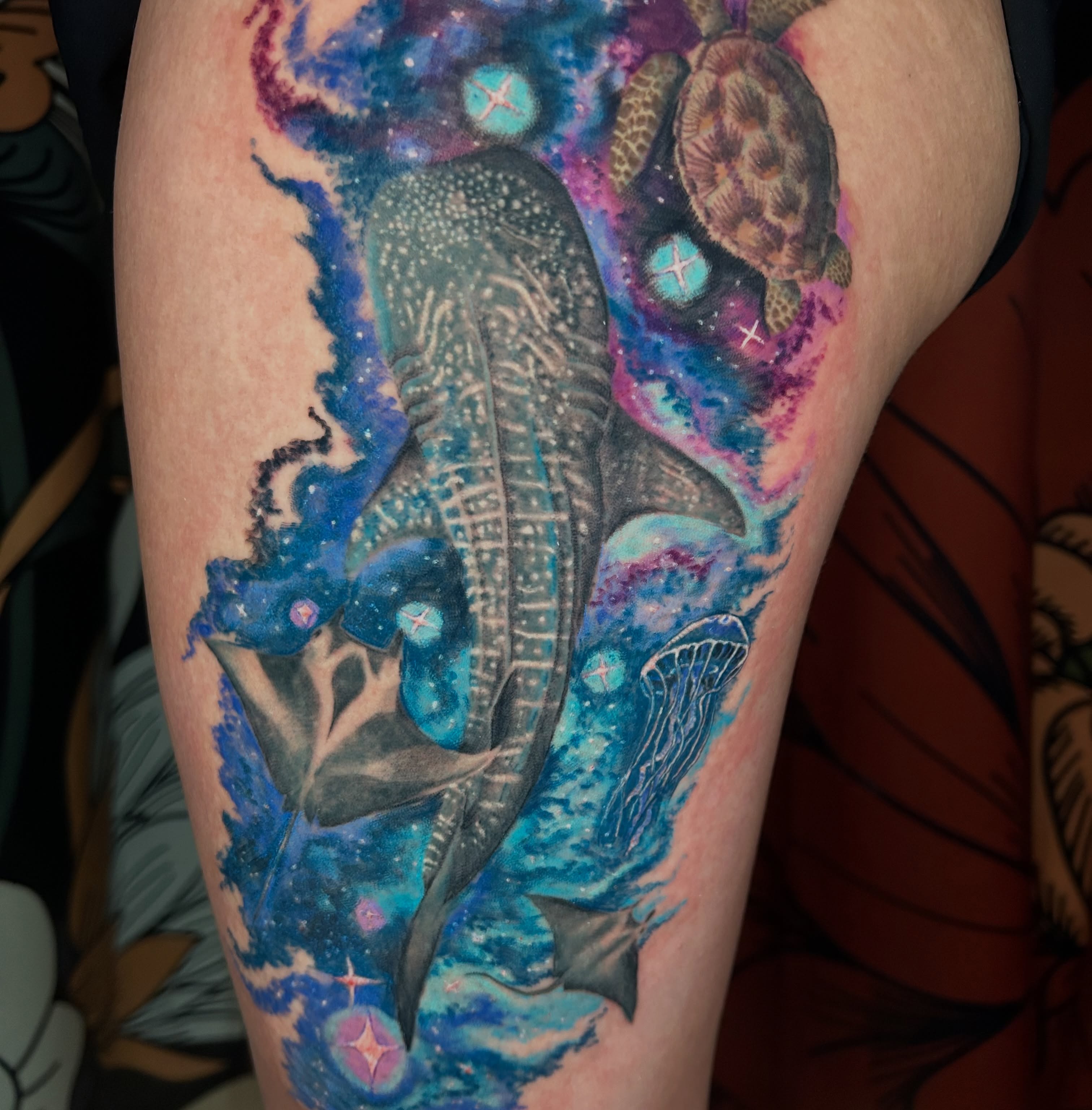Whale shark and turtle dotwork tattoo on the thigh by Paisley Diaz, Lombard, Illinois