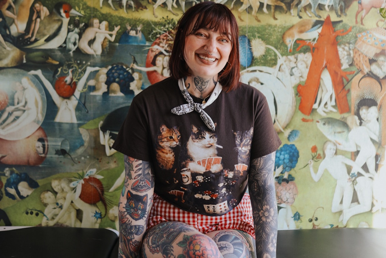 Cats new school tattoo on the torso by Erica Mirella